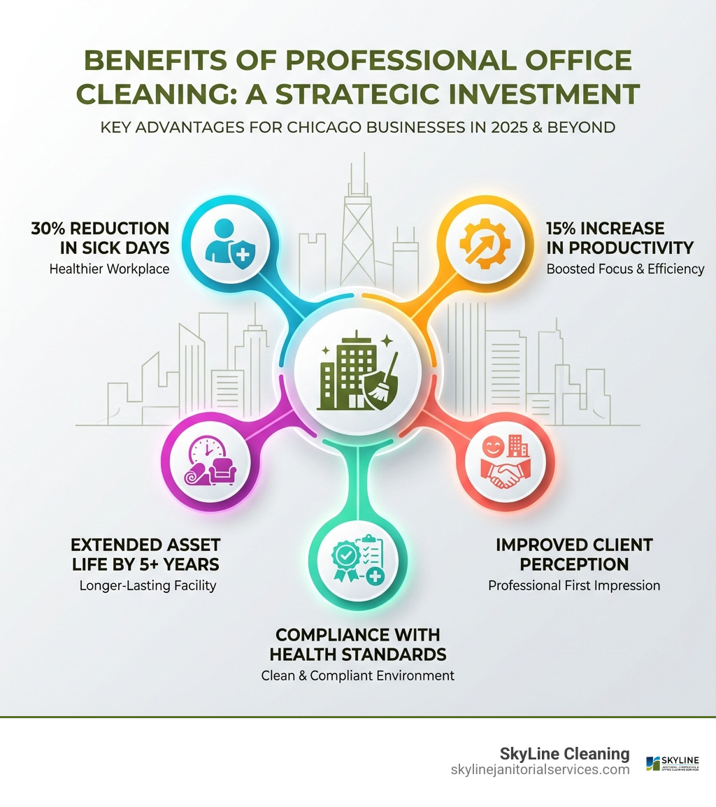 infographic showing benefits of professional office cleaning: 30% reduction in sick days, 15% increase in productivity, extended asset life by 5+ years, improved client perception, and compliance with health standards - office cleaning companies chicago infographic 