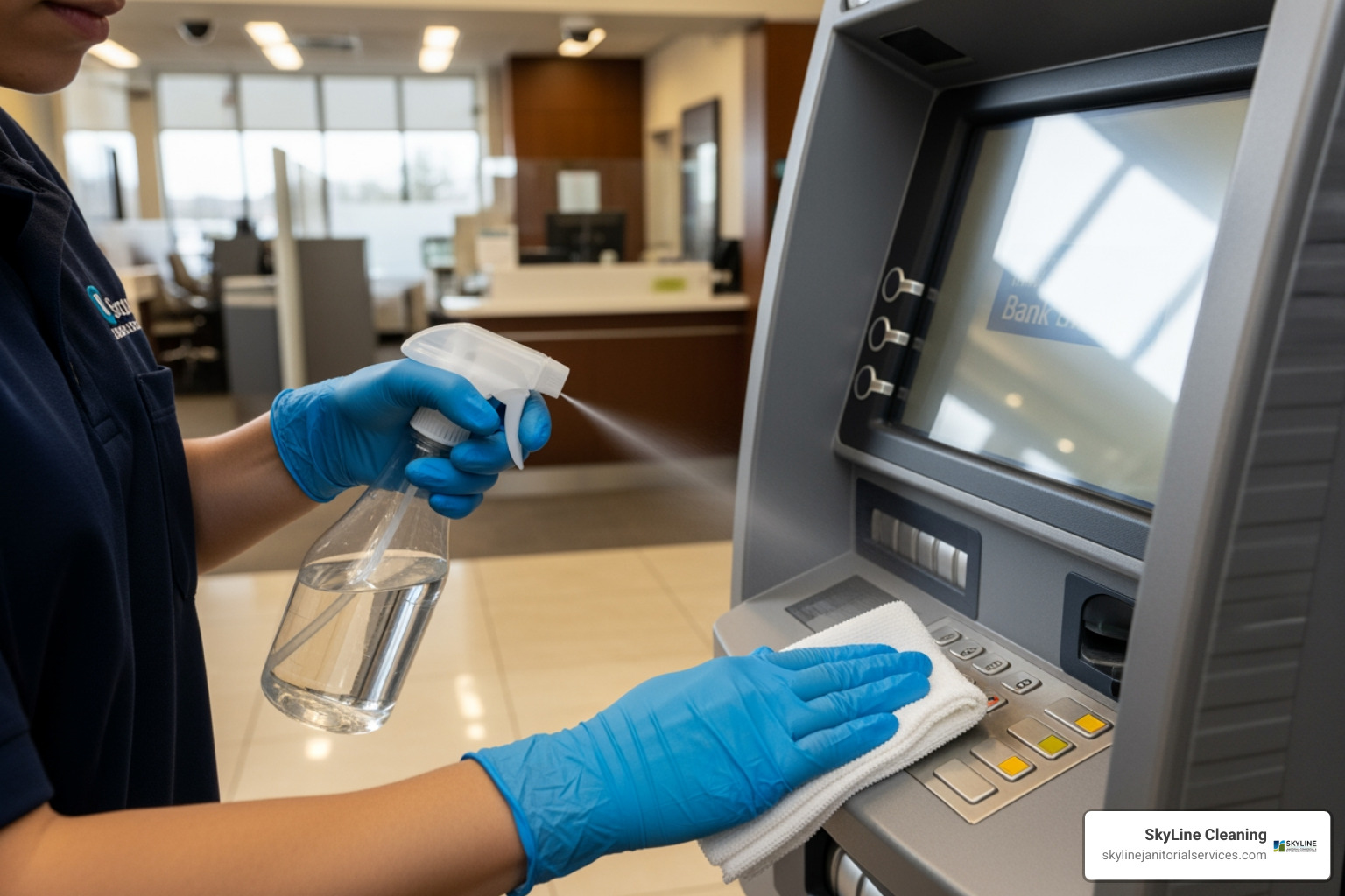 A professional cleaner disinfecting an ATM keypad - bank cleaning services