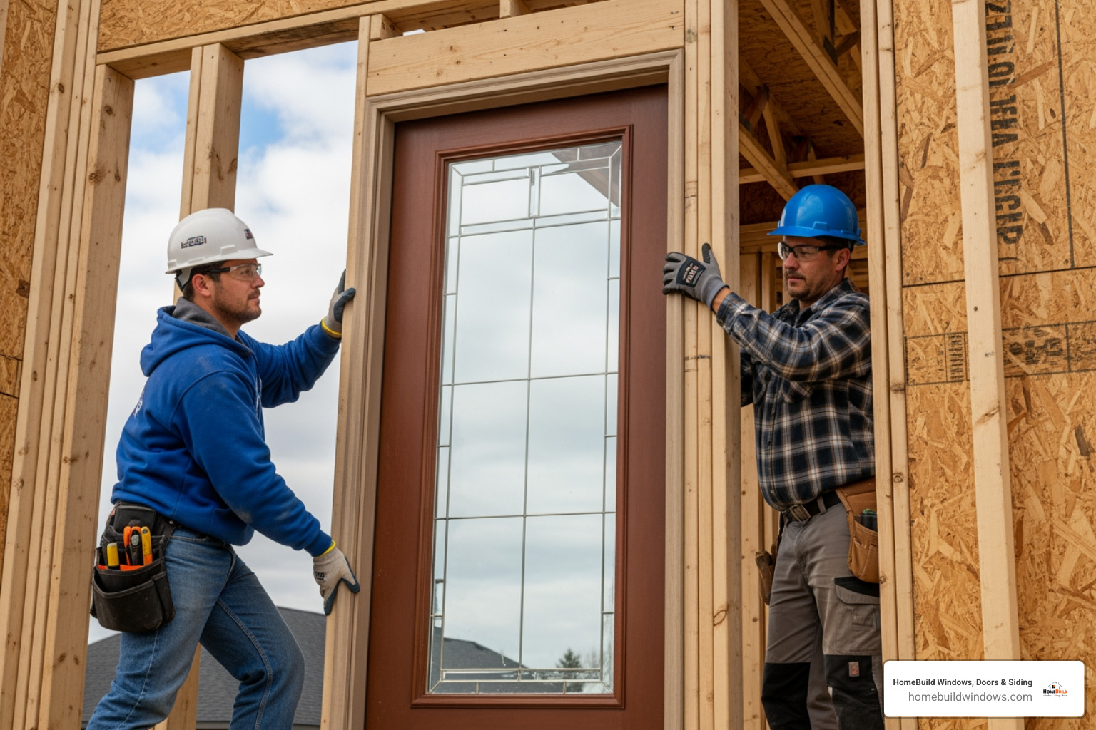 Two individuals carefully lifting a pre-hung door into a rough opening during installation. - New entry door installation