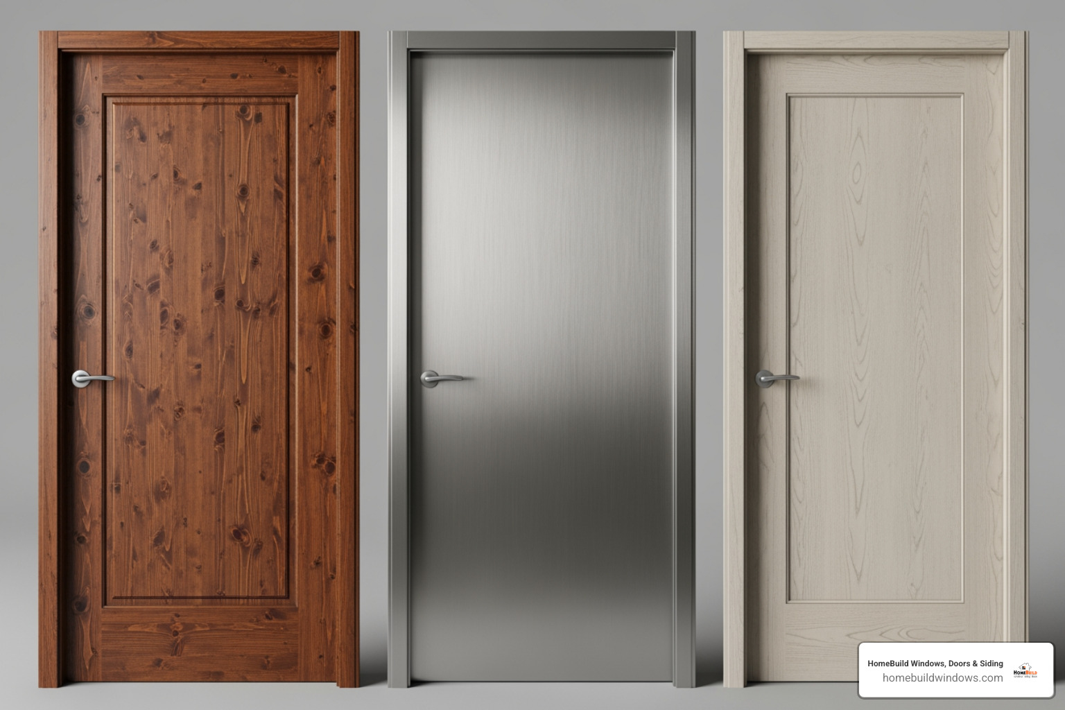 image of three different door materials side-by-side: wood, steel, and fiberglass - Custom entry door installation