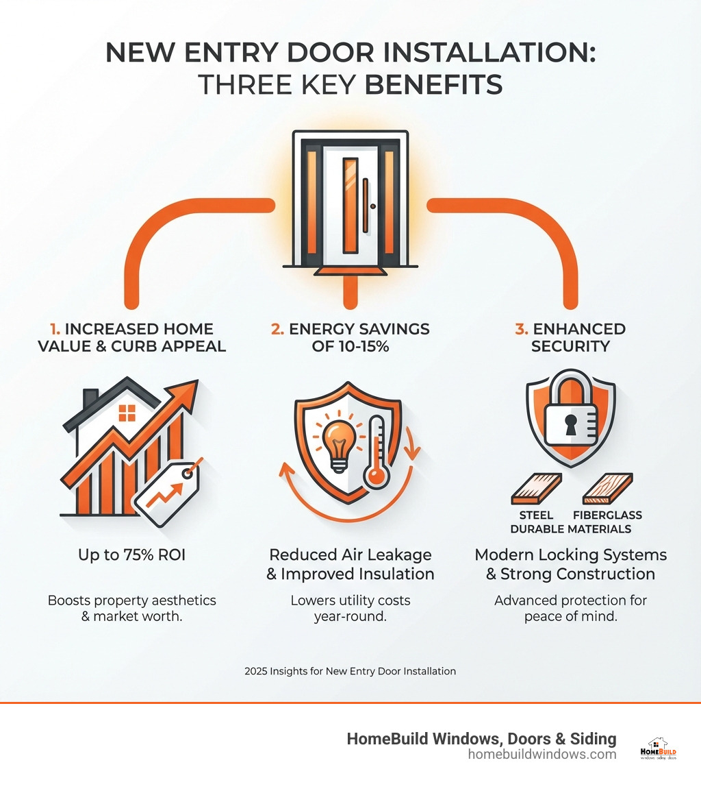 Infographic showing three main benefits of new entry door installation: 1) Increased home value and curb appeal with up to 75% ROI, 2) Energy savings of 10-15% through reduced air leakage and improved insulation, 3) Enhanced security with modern locking systems and durable materials like steel or fiberglass - New entry door installation infographic 