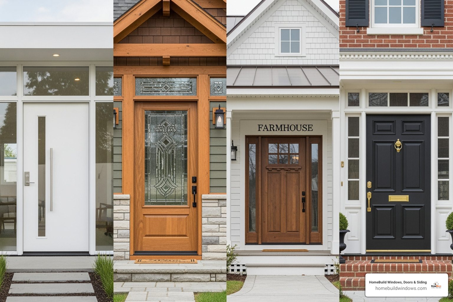 A collage showing modern, craftsman, farmhouse, and traditional front doors on their respective home styles - Entry door design ideas