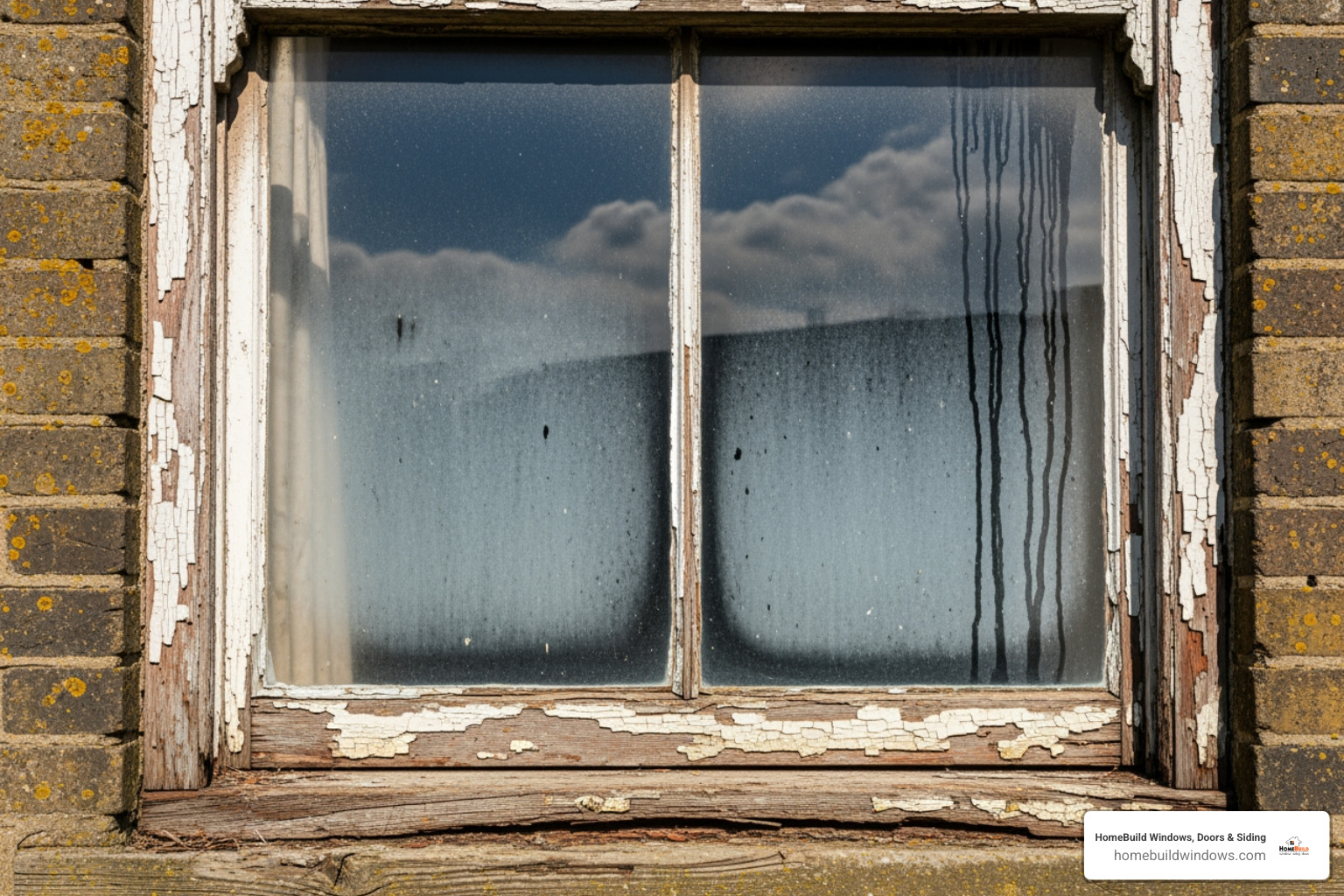 rotting peeling sash window with condensation between panes - replacing old sash windows