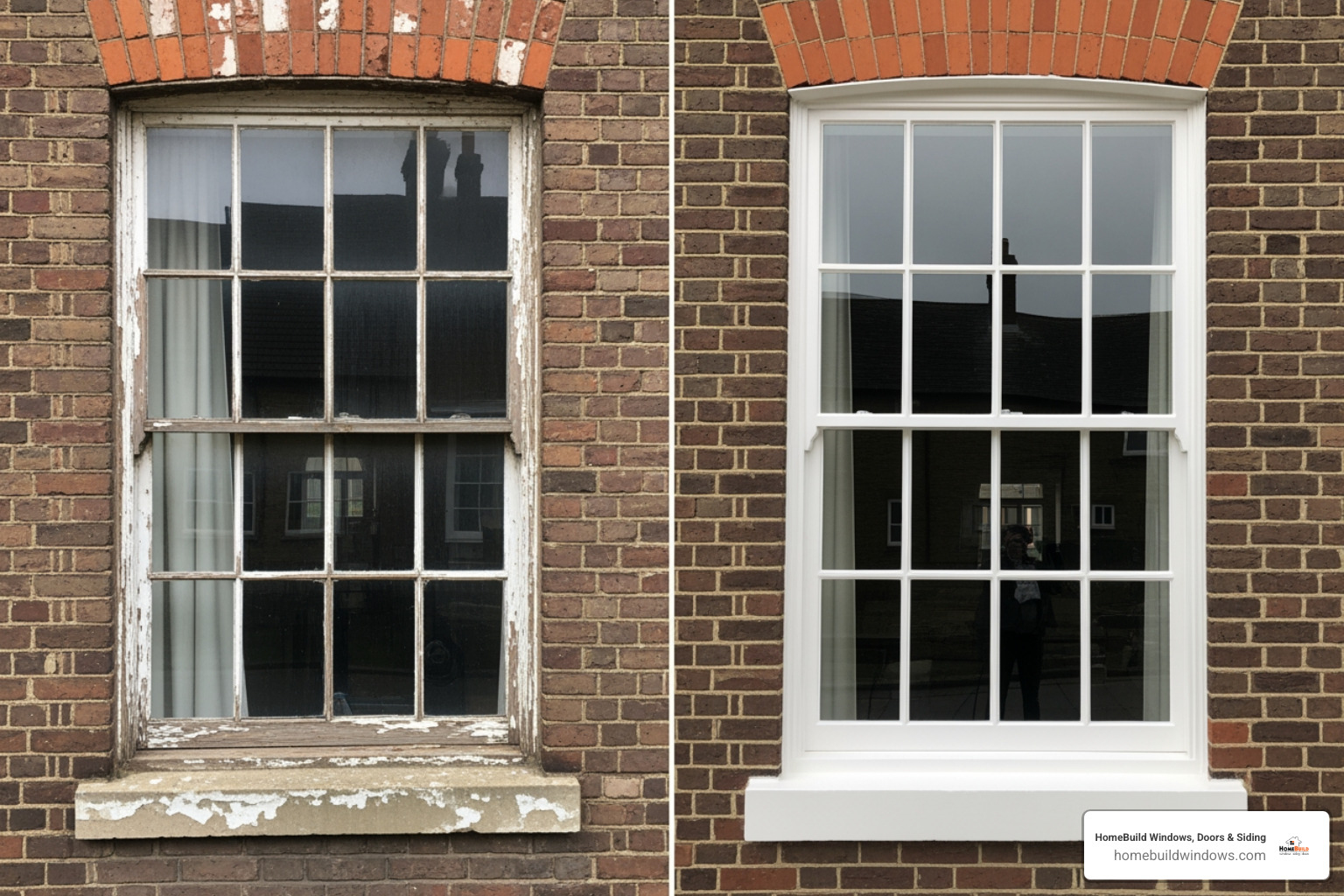 before and after of a historic window replacement, highlighting the preserved aesthetic - replacing old sash windows