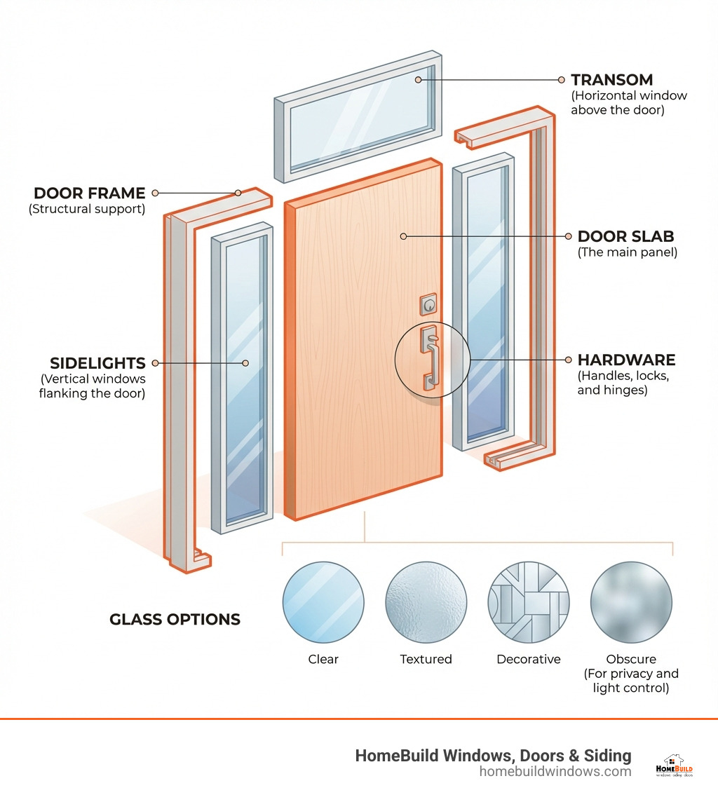 Infographic showing the key components of an entry door system: door slab (the main panel), door frame (structural support), sidelights (vertical windows flanking the door), transom (horizontal window above the door), hardware (handles, locks, and hinges), and glass options (clear, textured, decorative, or obscure for privacy and light control) - Entry door design ideas infographic 