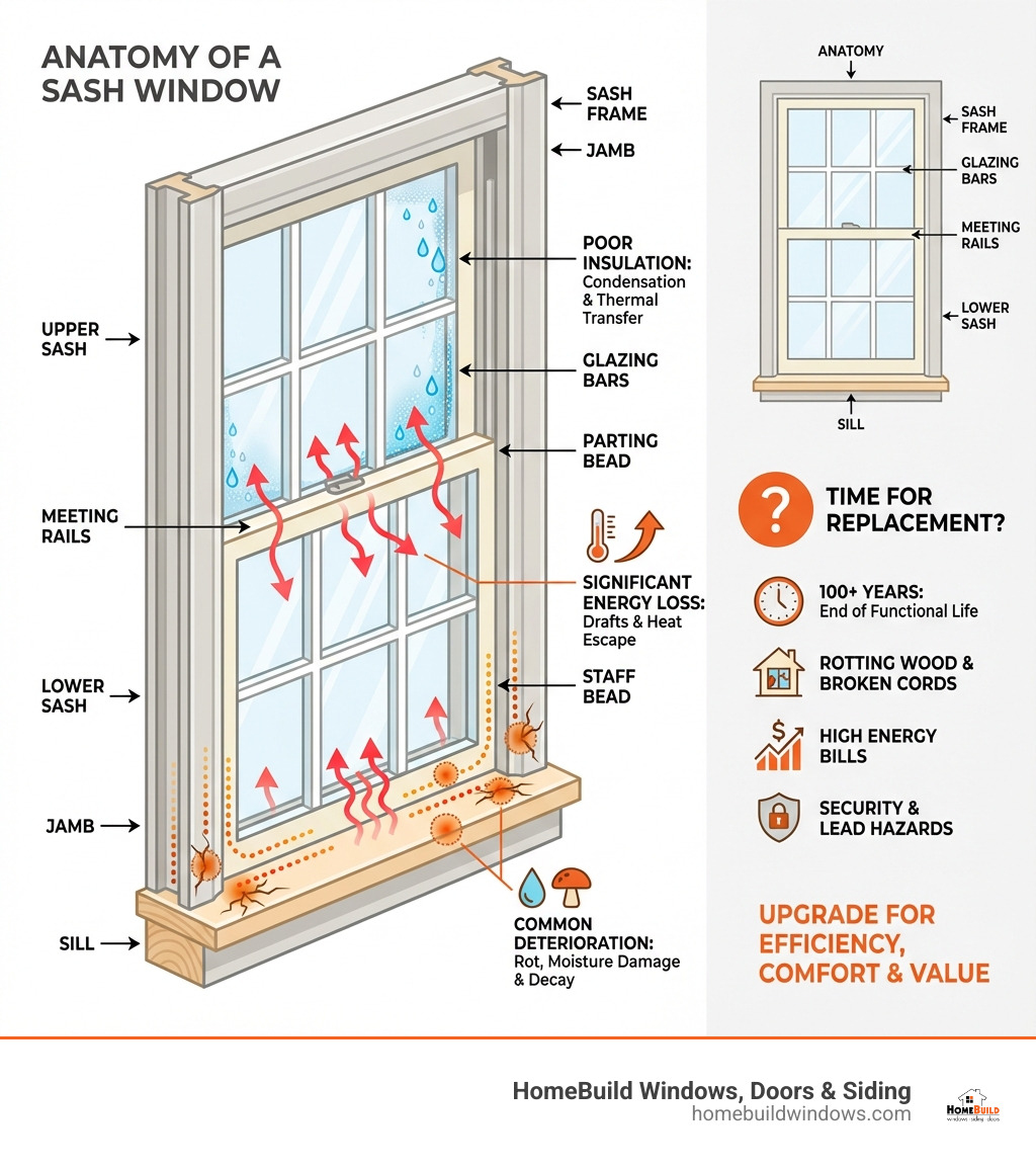 infographic showing the anatomy of a sash window with labeled parts: upper sash, lower sash, meeting rails, sash frame, jamb, sill, glazing bars, parting bead, and staff bead, with notes on where energy loss and deterioration commonly occur - replacing old sash windows infographic 
