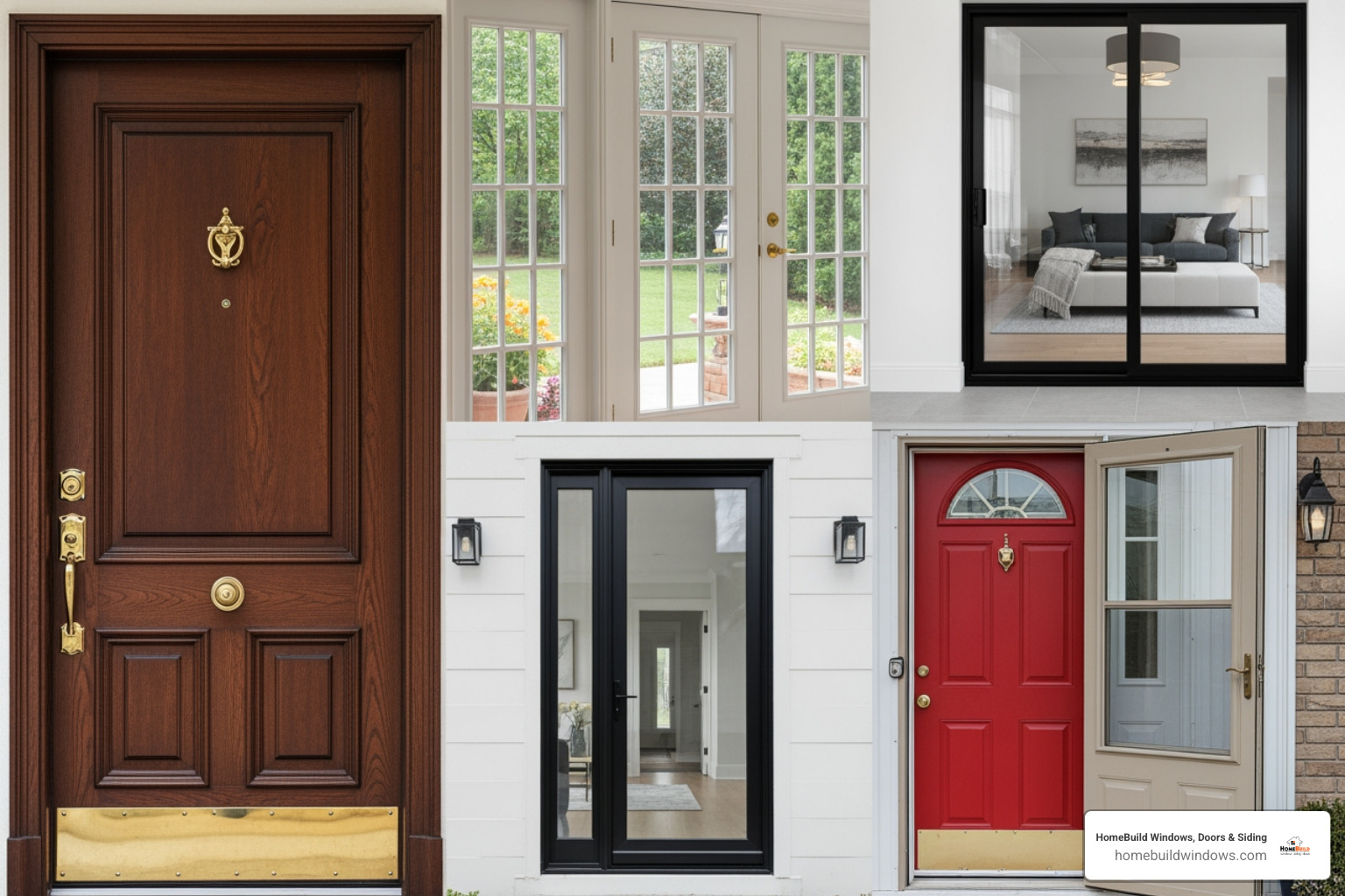 collage showcasing various door types including an entry door, French patio doors, a sliding glass door, and a storm door - Door installation professionals