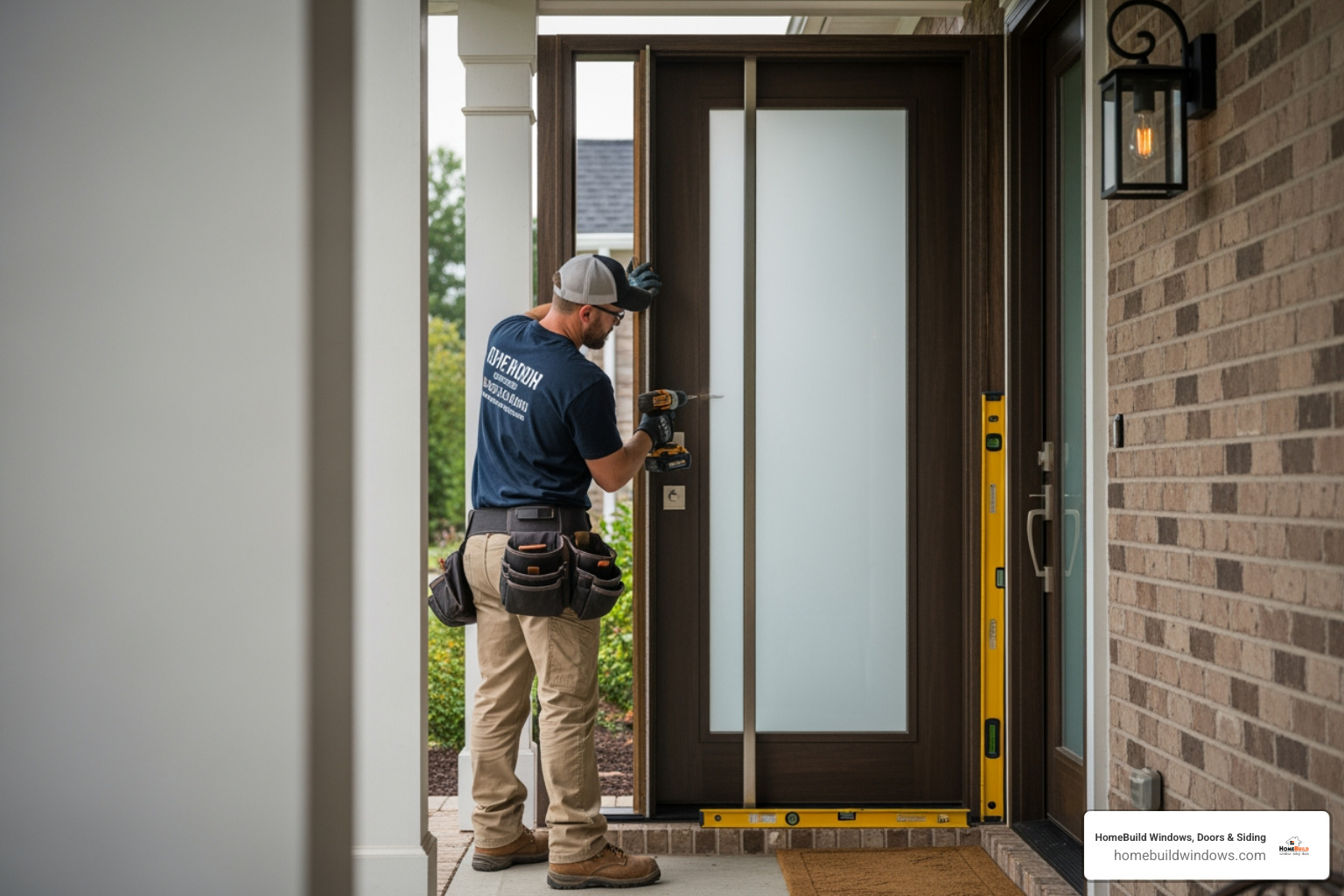 professional door installer working on a modern front door - Door installation professionals