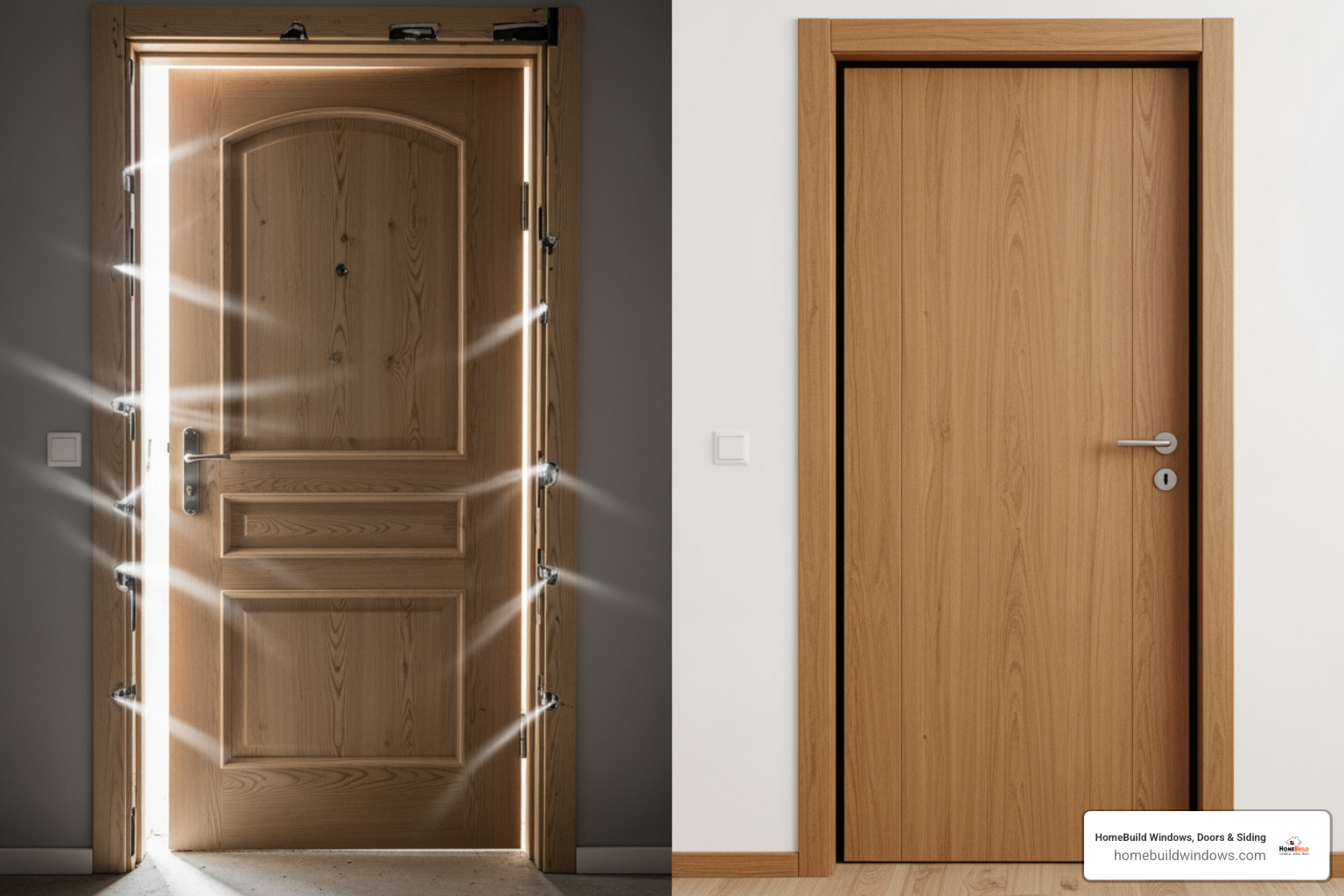 misaligned DIY door with visible gaps next to a perfectly sealed professionally installed door - Door installation professionals