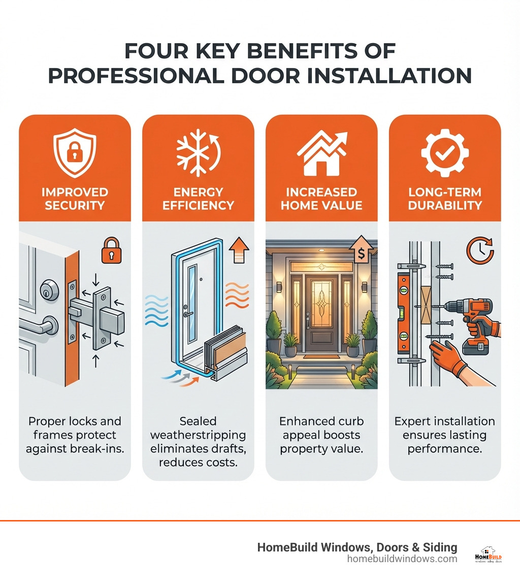 infographic showing four key benefits of professional door installation: a shield icon labeled Improved Security with proper locks and frames, a snowflake icon labeled Energy Efficiency with sealed weatherstripping, a house icon labeled Increased Home Value with enhanced curb appeal, and a checkmark icon labeled Long-Term Durability with expert installation techniques - Door installation professionals infographic 