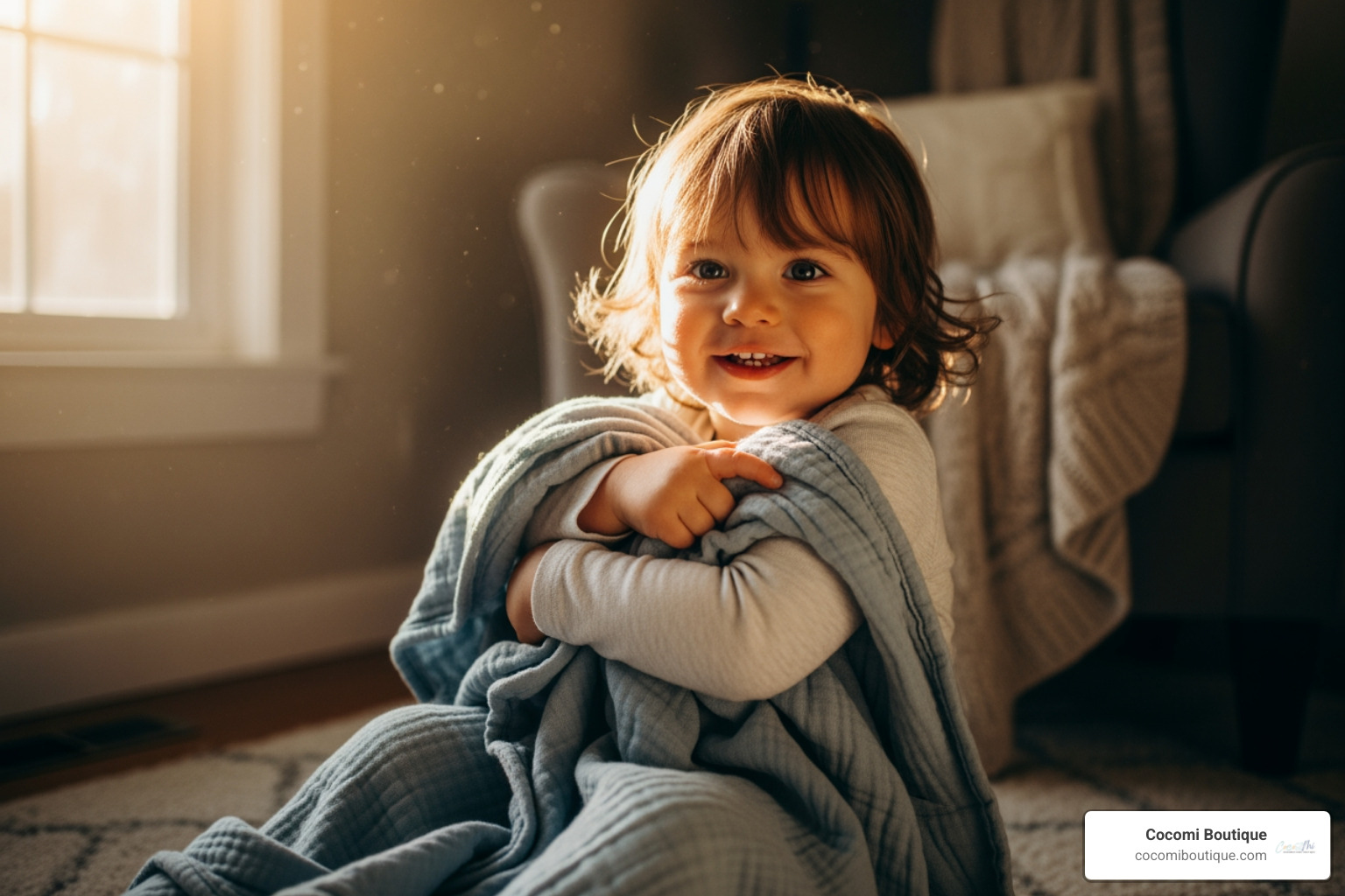 Toddler with well-loved organic swaddle blanket - Organic Swaddle Blankets