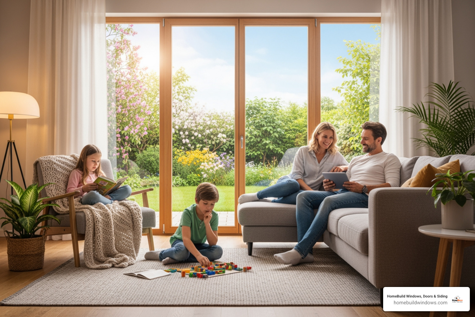 family enjoying their comfortable living room near a well-sealed patio door - Door installation Schaumburg IL