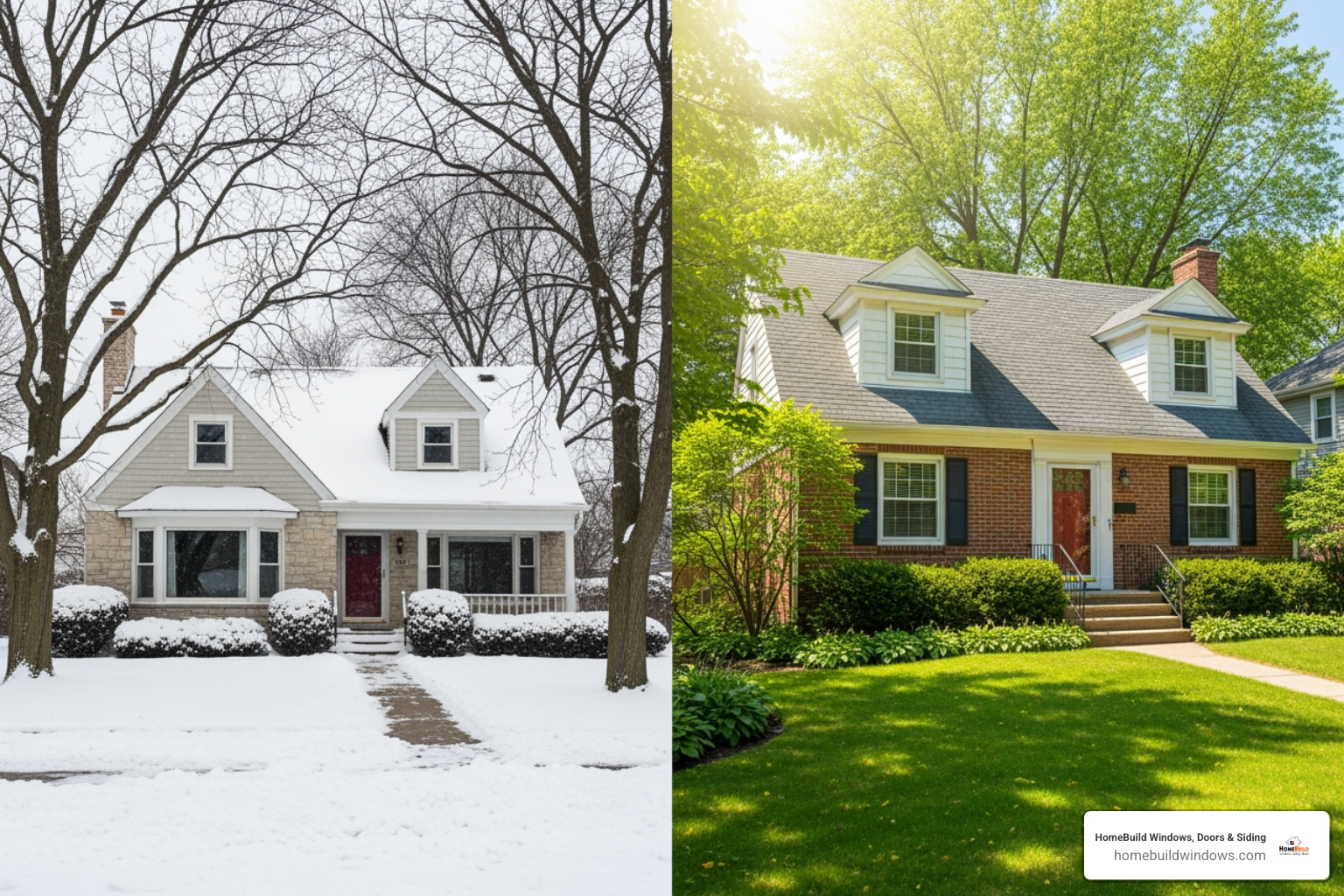 A home in a snowy Chicago winter, contrasting with a home in a sunny, green climate - Energy efficient entry doors