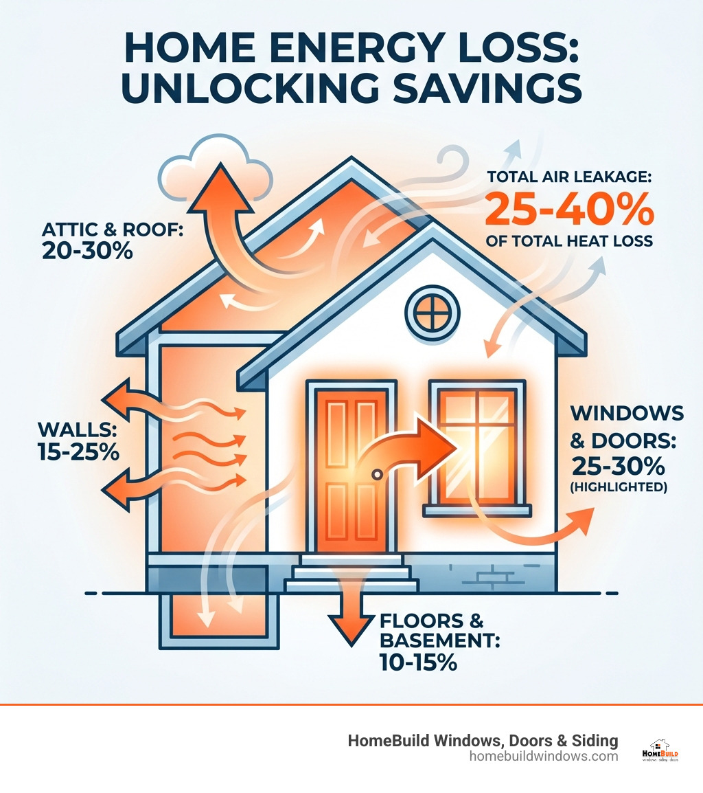 Infographic showing where homes lose the most energy: 25-30% through windows and doors (highlighted), 15-25% through walls, 20-30% through attic and roof, 10-15% through floors and basement, with air leakage accounting for 25-40% of total heat loss - Energy efficient entry doors infographic 