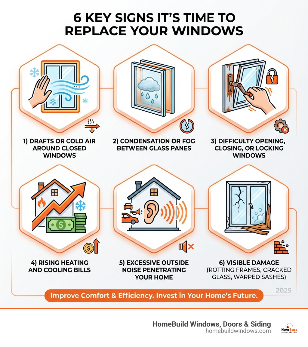 Infographic showing the 6 key signs it's time to replace your windows: 1) Drafts or cold air around closed windows, 2) Condensation or fog between glass panes, 3) Difficulty opening, closing, or locking windows, 4) Rising heating and cooling bills, 5) Excessive outside noise penetrating your home, 6) Visible damage like rotting frames, cracked glass, or warped sashes - replace old windows infographic 