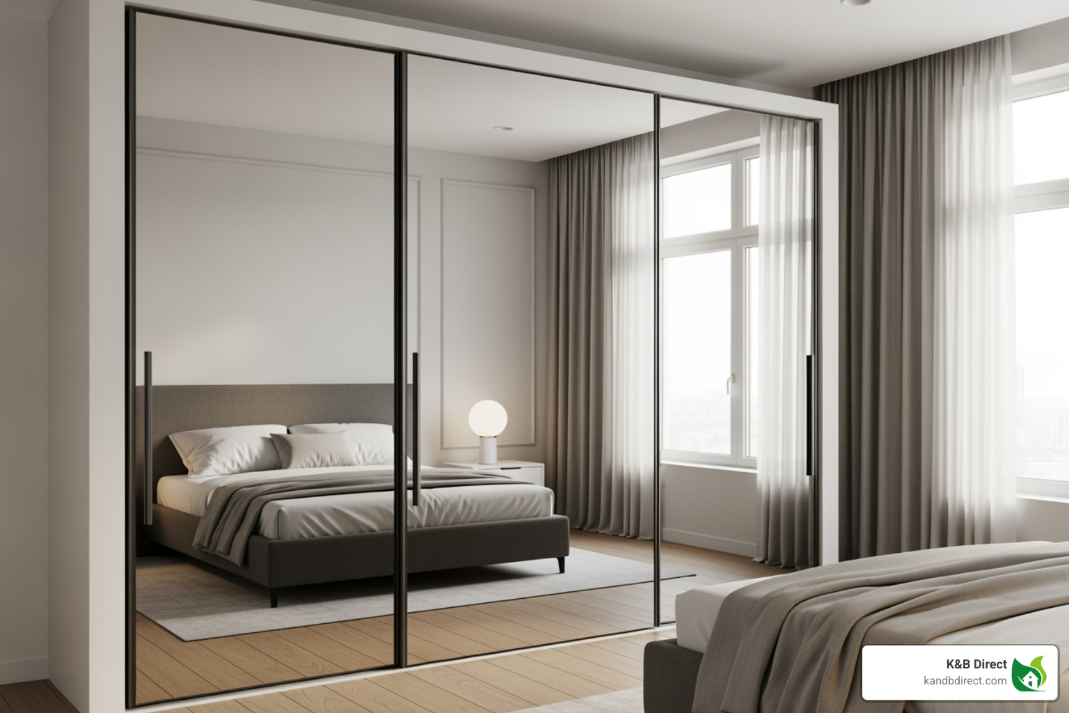 modern, mirrored sliding closet doors in a sleek bedroom - Space saving closet doors