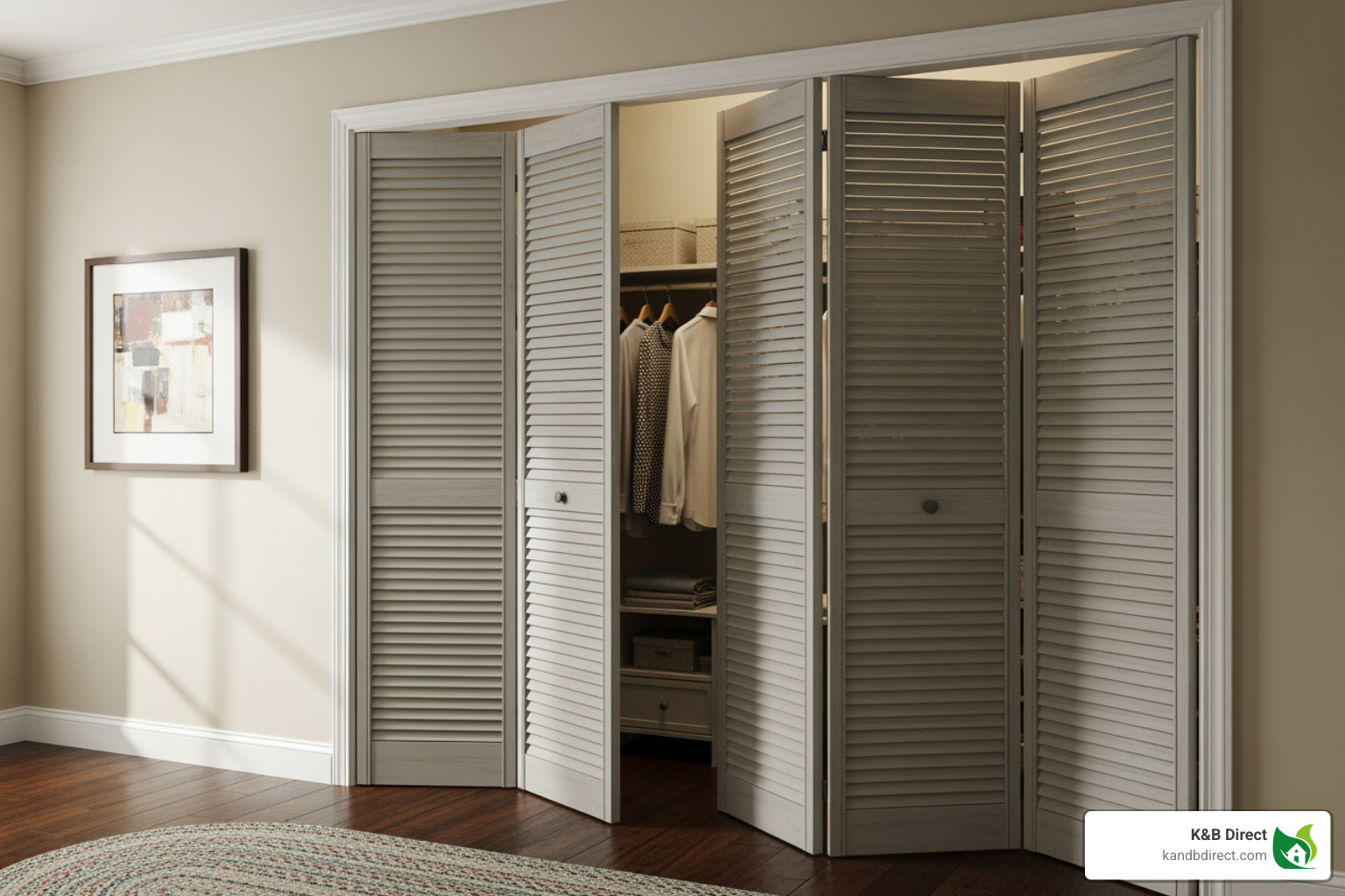 stylish louvered Bifold Closet Doors in a hallway - Space saving closet doors