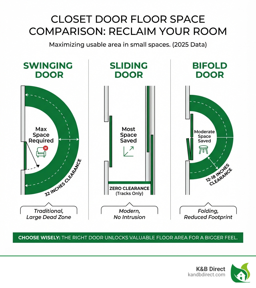 infographic comparing floor space required for swinging door (32 inches clearance), sliding door (zero clearance, tracks only), and bifold door (12-18 inches clearance when opening) - Space saving closet doors infographic 