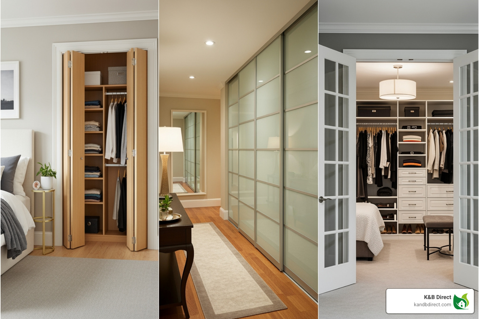 collage showing bifold, sliding, and French closet doors in different room settings - High quality closet doors