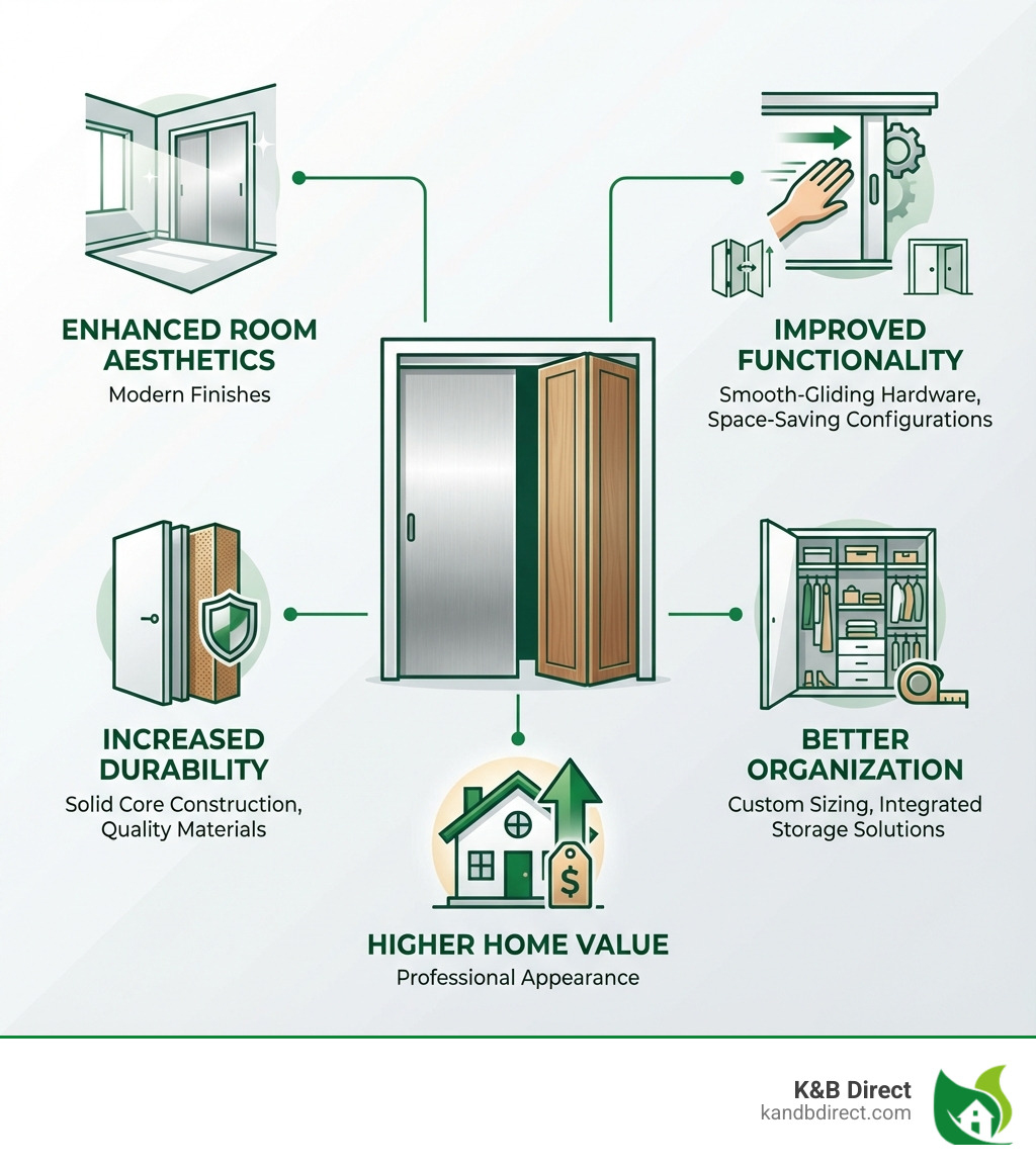 infographic showing key benefits of premium closet doors including enhanced room aesthetics with modern finishes, improved functionality through smooth-gliding hardware and space-saving configurations, increased durability from solid core construction and quality materials, better organization with custom sizing and integrated storage solutions, and higher home value from professional appearance - High quality closet doors infographic 