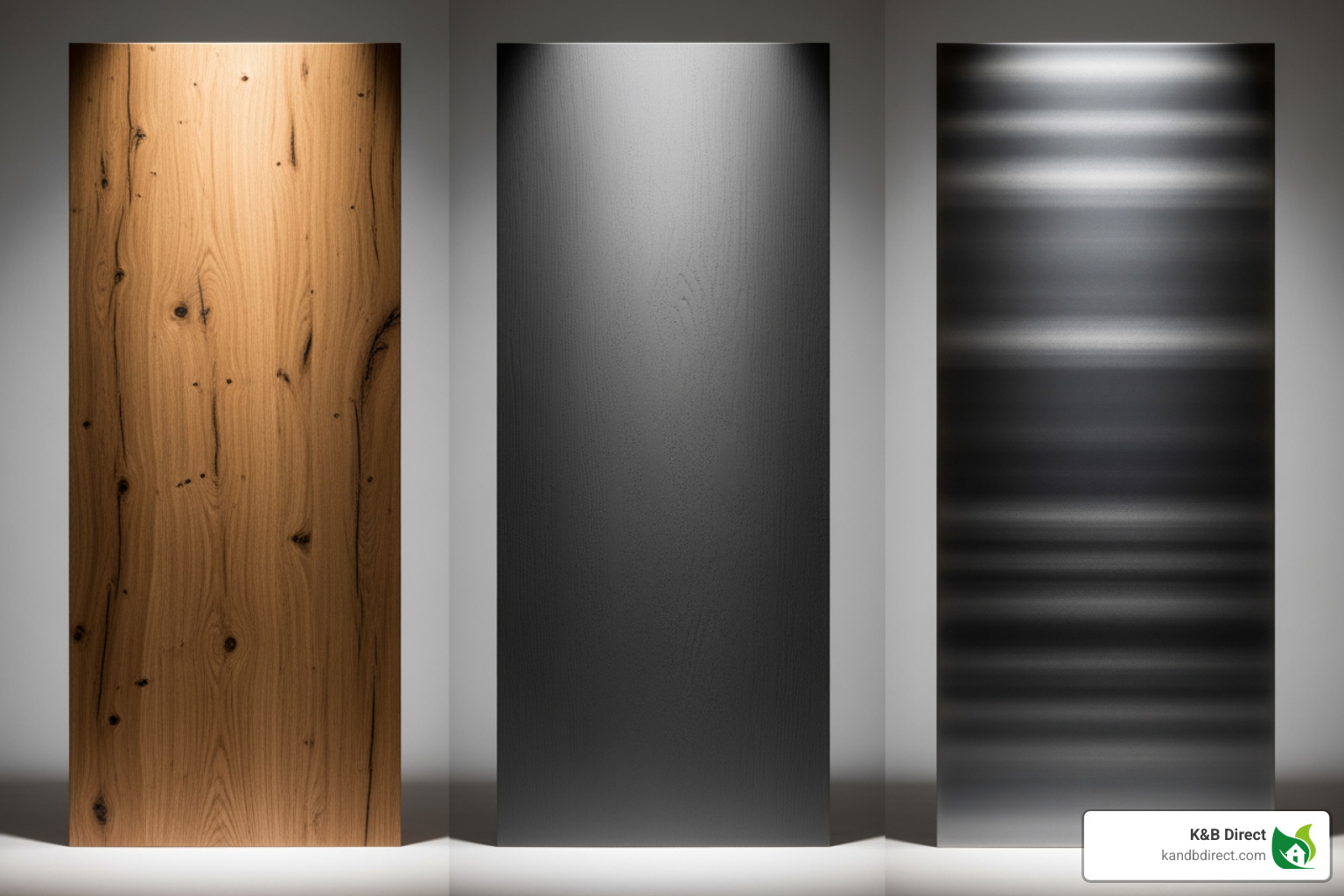 three door slabs side-by-side, one wood, one fiberglass, and one steel, showing their texture and finish - Modern contemporary doors