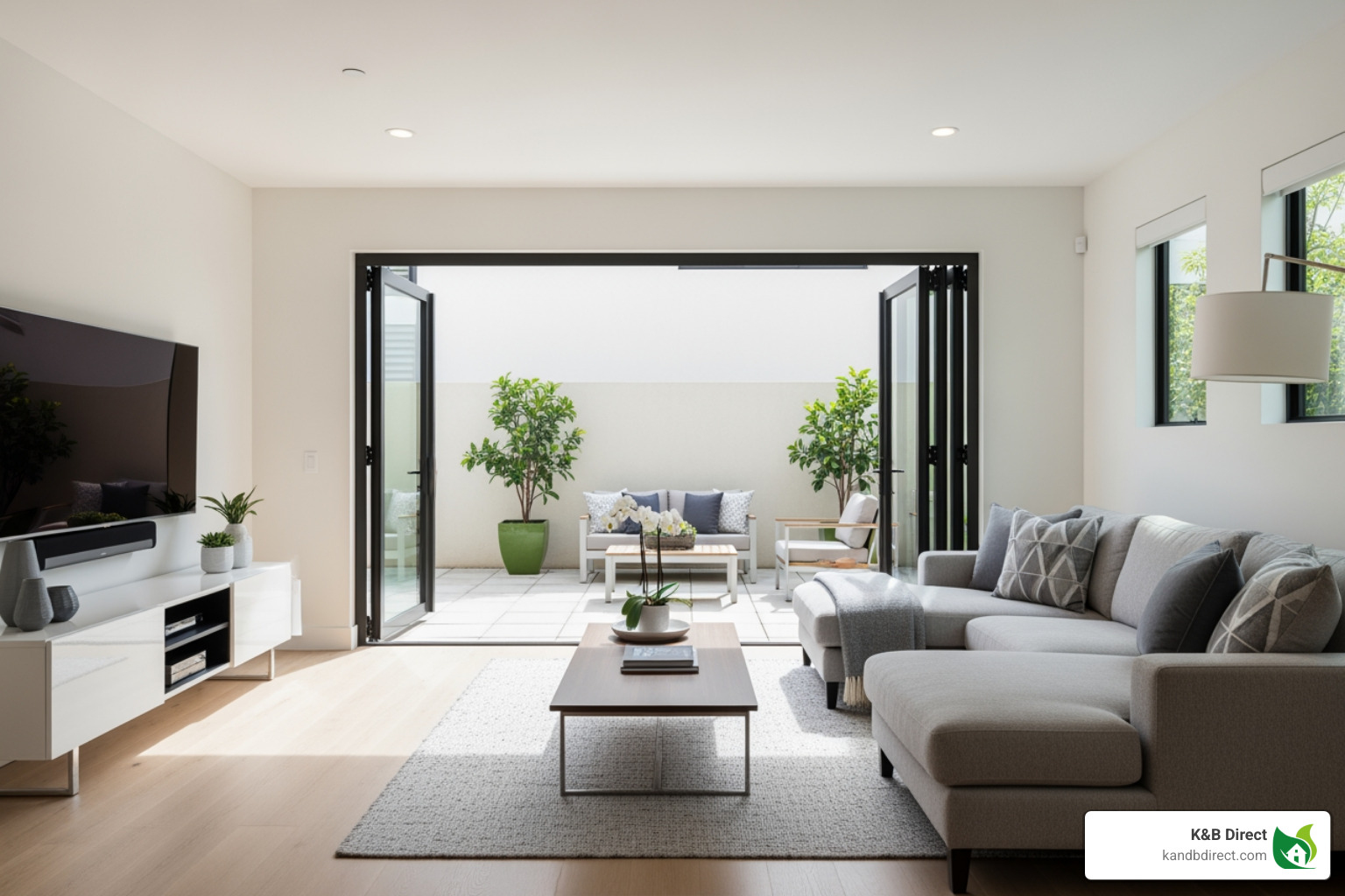 stylish living room with modern bifold doors opening to a patio - Modern contemporary doors