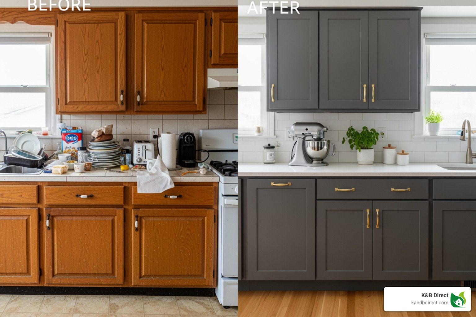 cluttered kitchen before and organized kitchen after new cabinets - Kitchen cabinets Wood Dale
