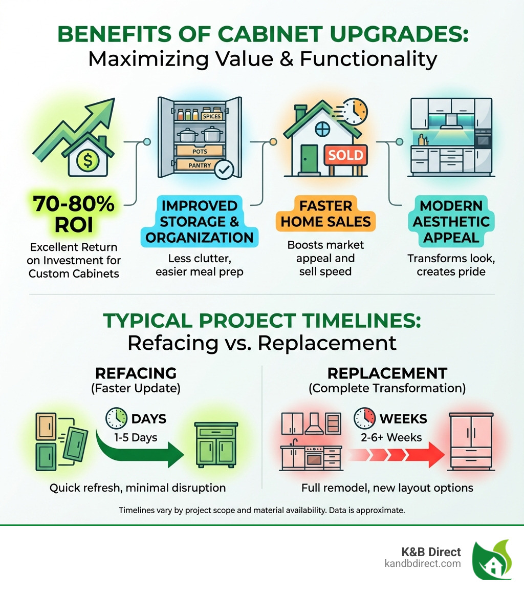 infographic showing benefits of cabinet upgrades including 70-80% ROI, improved storage and organization, faster home sales, modern aesthetic appeal, and typical project timelines for refacing versus replacement - Kitchen cabinets Wood Dale infographic 