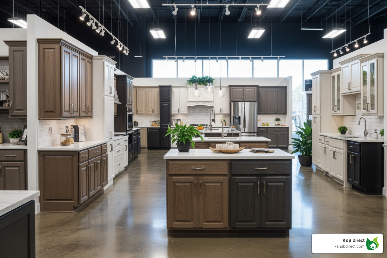 A showroom displaying various cabinet door styles, including Shaker, flat panel, and raised panel designs in different finishes. - Kitchen Cabinets Chicago