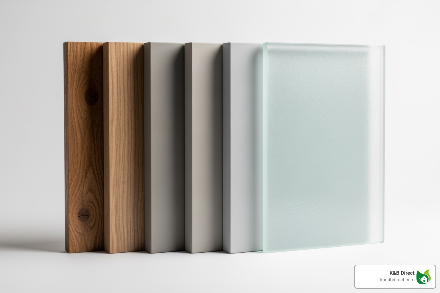 Different door material swatches (wood grain, painted MDF, frosted glass) - Stylish bedroom doors Different door material swatches (wood grain, painted MDF, frosted glass) - Stylish bedroom doors