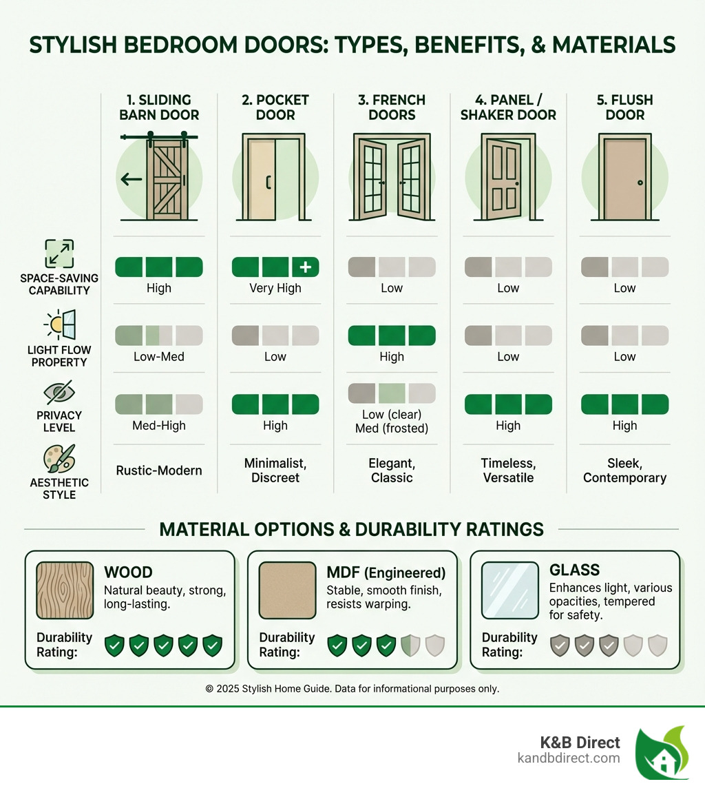 Infographic showing different bedroom door types (sliding barn, pocket, French, panel, flush) with their key benefits including space-saving capabilities, light flow properties, privacy levels, and aesthetic styles, alongside material options (wood, MDF, glass) and their durability ratings - Stylish bedroom doors infographic Infographic showing different bedroom door types (sliding barn, pocket, French, panel, flush) with their key benefits including space-saving capabilities, light flow properties, privacy levels, and aesthetic styles, alongside material options (wood, MDF, glass) and their durability ratings - Stylish bedroom doors infographic