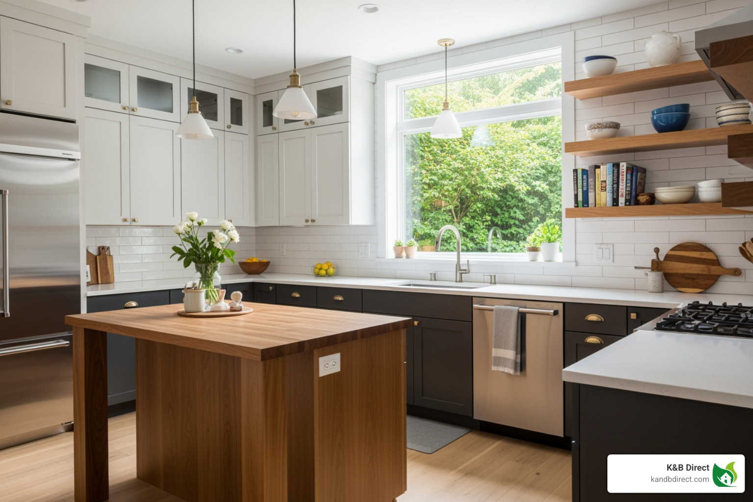 Modern kitchen with two-toned cabinets and natural wood accents - Kitchen cabinets Barrington IL