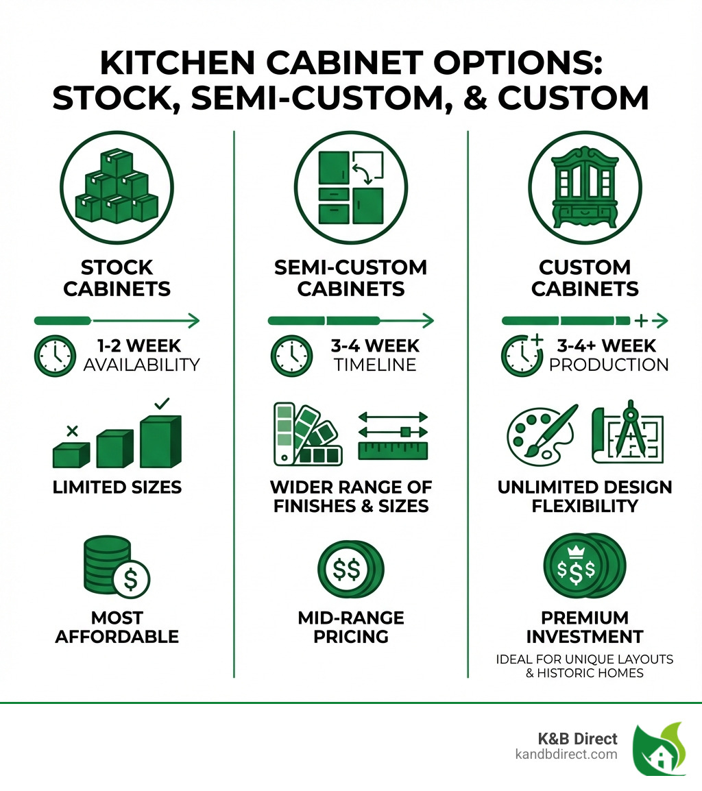 Infographic showing three types of kitchen cabinets: Stock Cabinets (pre-manufactured, 1-2 week availability, limited sizes, most accessible investment), Semi-Custom Cabinets (factory-made with customization options, 3-4 week timeline, wider range of finishes and sizes, mid-range investment), and Custom Cabinets (built to exact specifications, 3-4+ week production, unlimited design flexibility, premium investment, ideal for unique layouts and historic homes) - Kitchen cabinets Barrington IL infographic 