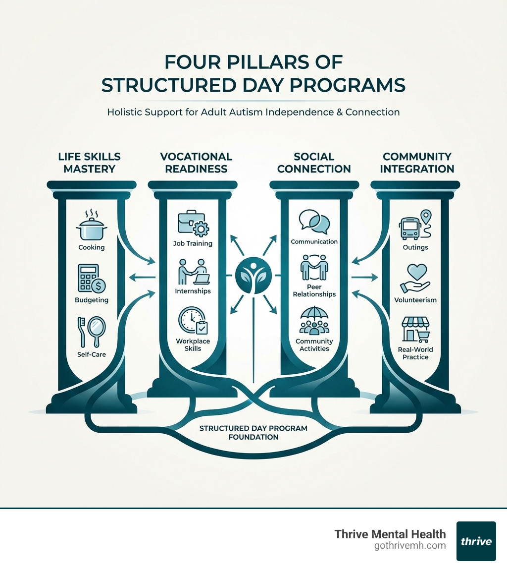 Infographic showing the four pillars of structured day programs: Life Skills Mastery (cooking, budgeting, self-care), Vocational Readiness (job training, internships, workplace skills), Social Connection (communication, peer relationships, community activities), and Community Integration (outings, volunteerism, real-world practice) - Where can I find adult autism support services in the Tampa Bay area that offer structured day programs? infographic 