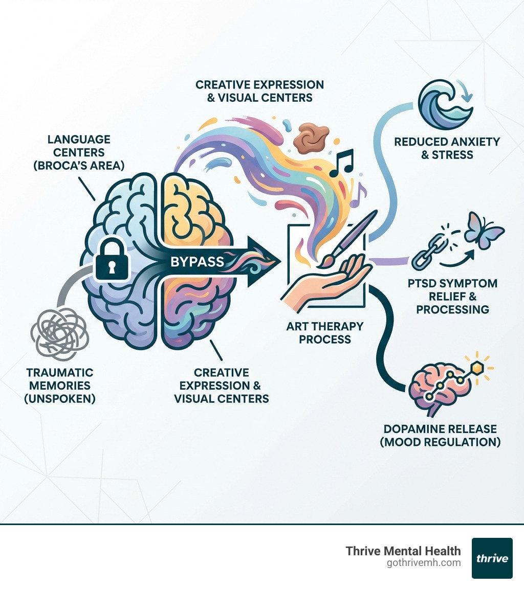 Infographic showing how art therapy bypasses language centers to process traumatic memories through creative expression, highlighting benefits like reduced anxiety, PTSD symptom relief, and dopamine release - What are some clinics in the Orlando area that offer art therapy for trauma recovery as part of their outpatient programs? infographic Infographic showing how art therapy bypasses language centers to process traumatic memories through creative expression, highlighting benefits like reduced anxiety, PTSD symptom relief, and dopamine release - What are some clinics in the Orlando area that offer art therapy for trauma recovery as part of their outpatient programs? infographic