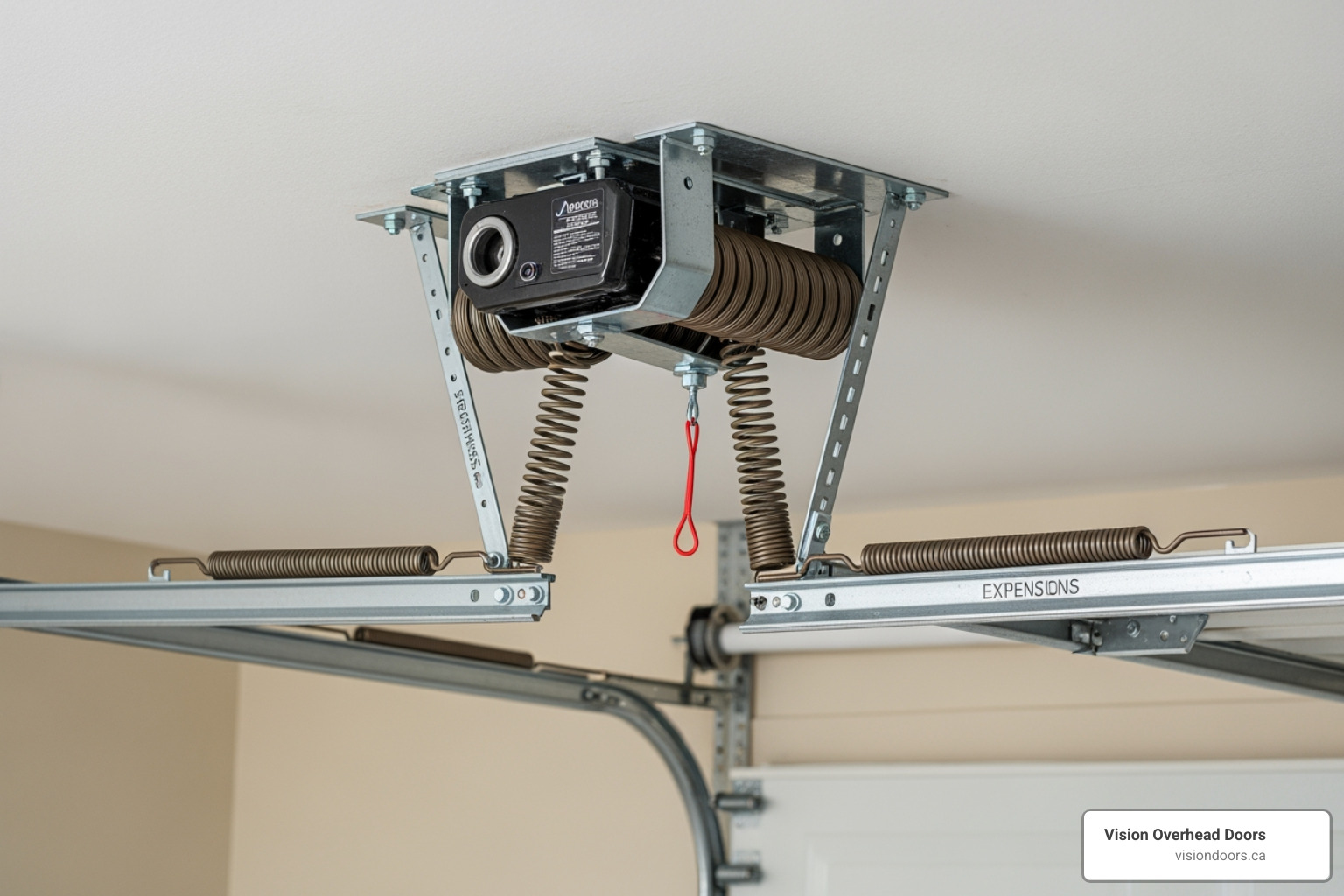 Detailed infographic showing how torsion springs mount above the garage door using a metal shaft and wind up to store energy, compared to extension springs that stretch along the horizontal tracks on each side, with labels indicating the counterbalance system, cycle life expectancy of 10,000 cycles, and common failure points - garage door spring repair enderby bc Garage door spring mechanism with tension springs and opener, showcasing components essential for safe operation, related to garage door spring repair services in Enderby, BC.