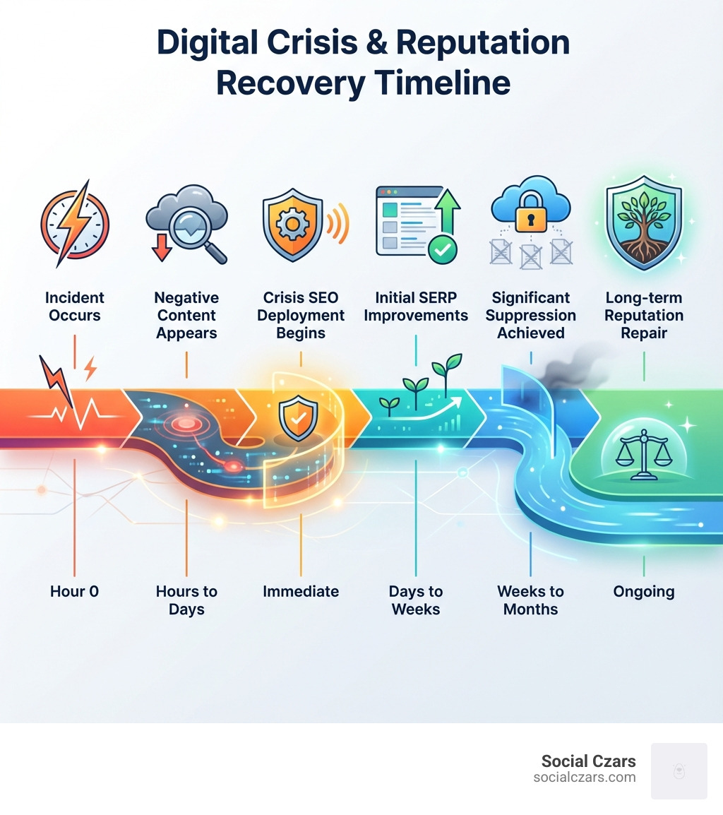 Digital Crisis Timeline showing four phases: Incident occurs (Hour 0), Negative content appears in search (Hours to Days), Crisis SEO deployment begins (Immediate), Initial SERP improvements (Days to Weeks), Significant suppression achieved (Weeks to Months), Long-term reputation repair (Ongoing) - Crisis SEO for Executives infographic Digital Crisis Timeline showing four phases: Incident occurs (Hour 0), Negative content appears in search (Hours to Days), Crisis SEO deployment begins (Immediate), Initial SERP improvements (Days to Weeks), Significant suppression achieved (Weeks to Months), Long-term reputation repair (Ongoing) - Crisis SEO for Executives infographic