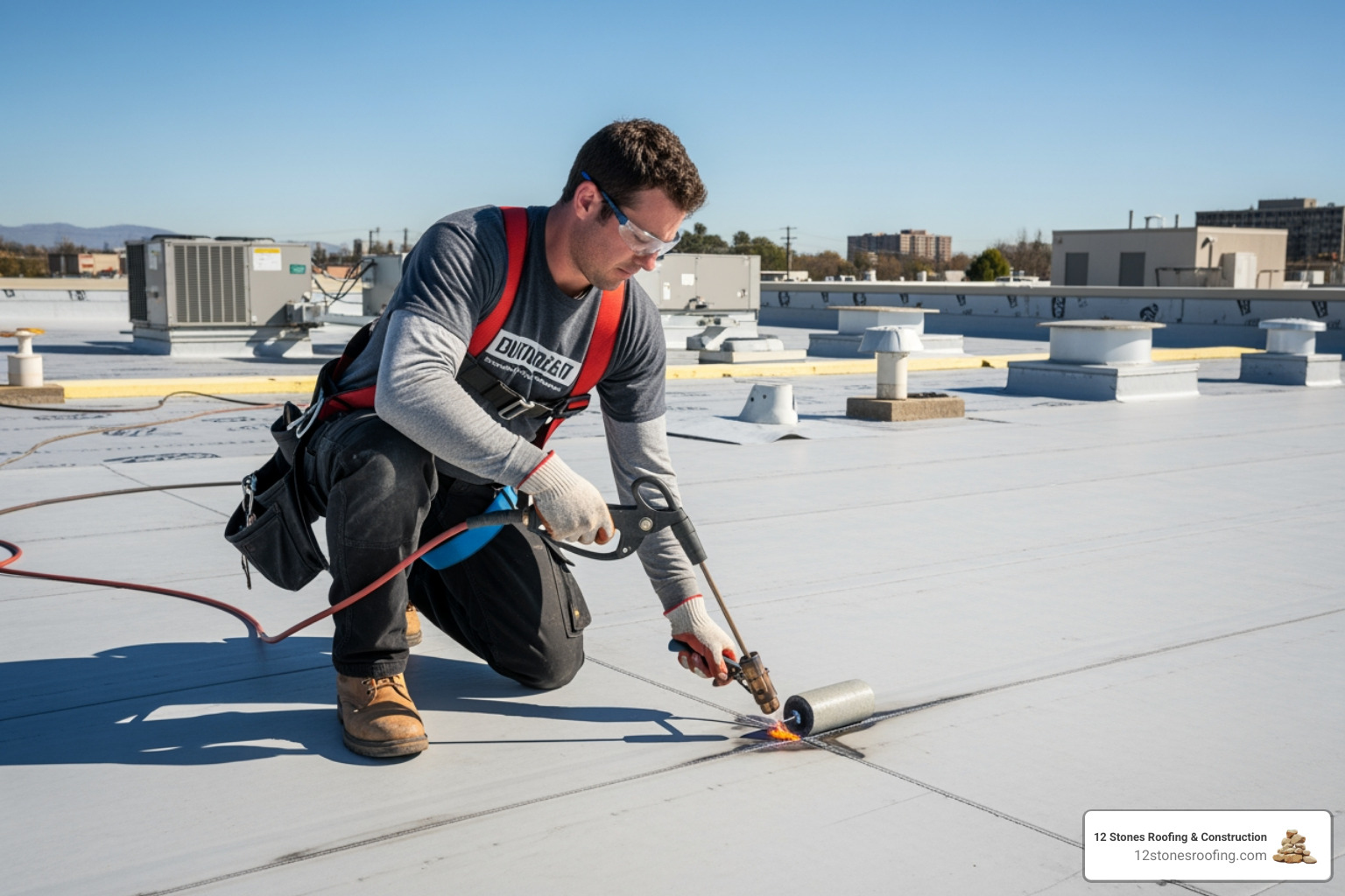 A skilled roofing contractor using a specialized hot-air welding tool to fuse the seams of a TPO membrane on a commercial flat roof, ensuring a watertight seal. - TPO roofing