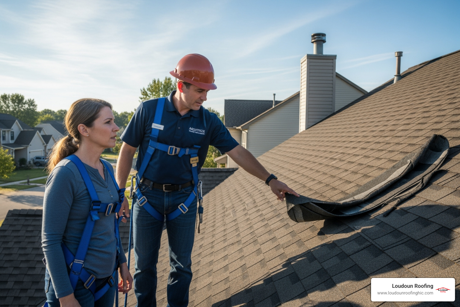 An insurance adjuster and a homeowner inspecting a roof, pointing at damage - storm damage roof insurance claim