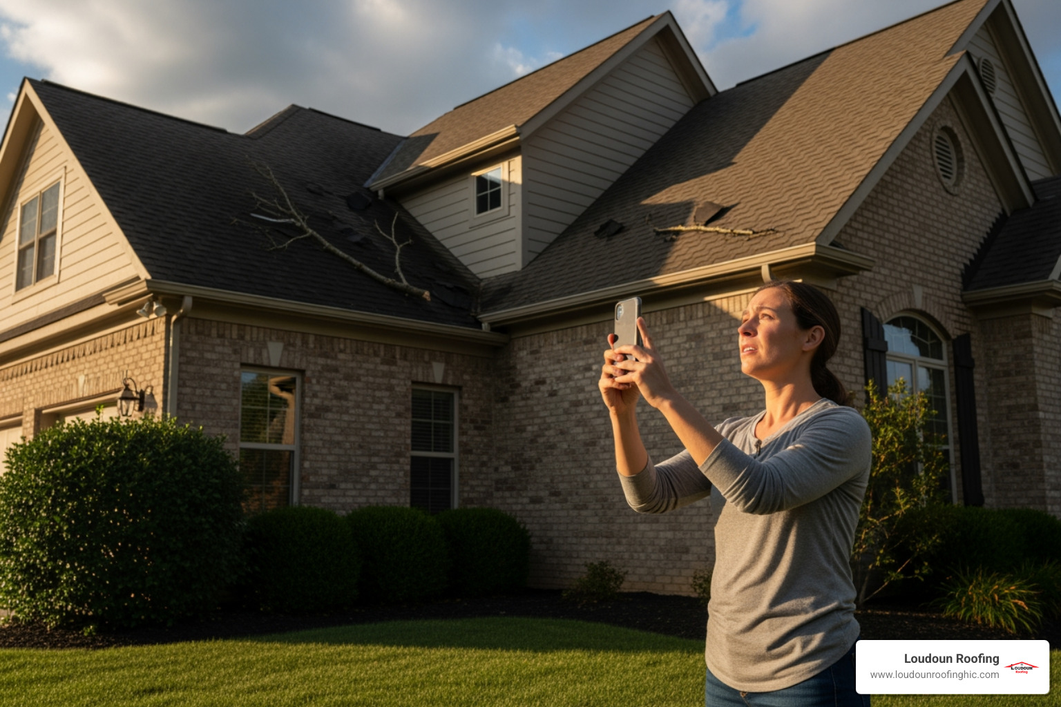 Homeowner safely taking photos of roof damage from the ground - storm damage roof insurance claim