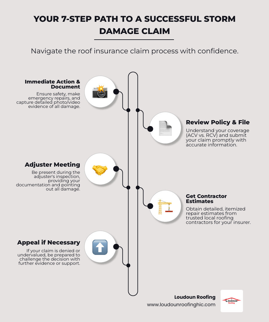 Infographic showing 7 steps of storm damage roof insurance claim process: 1) Ensure safety and make emergency repairs, 2) Document all damage thoroughly with photos and videos, 3) Review your insurance policy coverage, 4) File claim promptly with insurer, 5) Prepare for and meet with insurance adjuster, 6) Obtain detailed contractor estimates, 7) Appeal or dispute if claim is denied or undervalued - storm damage roof insurance claim infographic infographic-line-5-steps-elegant_beige