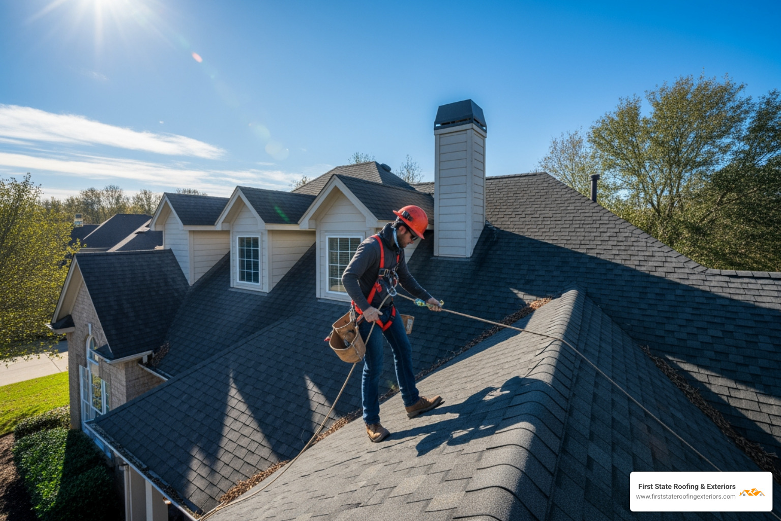 roofer performing roof inspection with safety harness - roofing companies dover