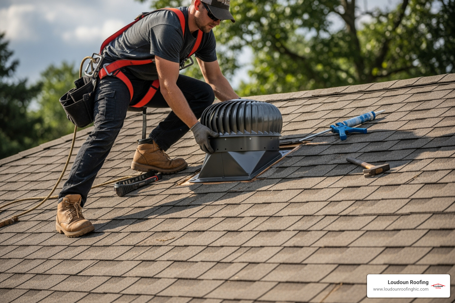 a roofer safely installing a static roof vent on a shingle roof - roof vent installation
