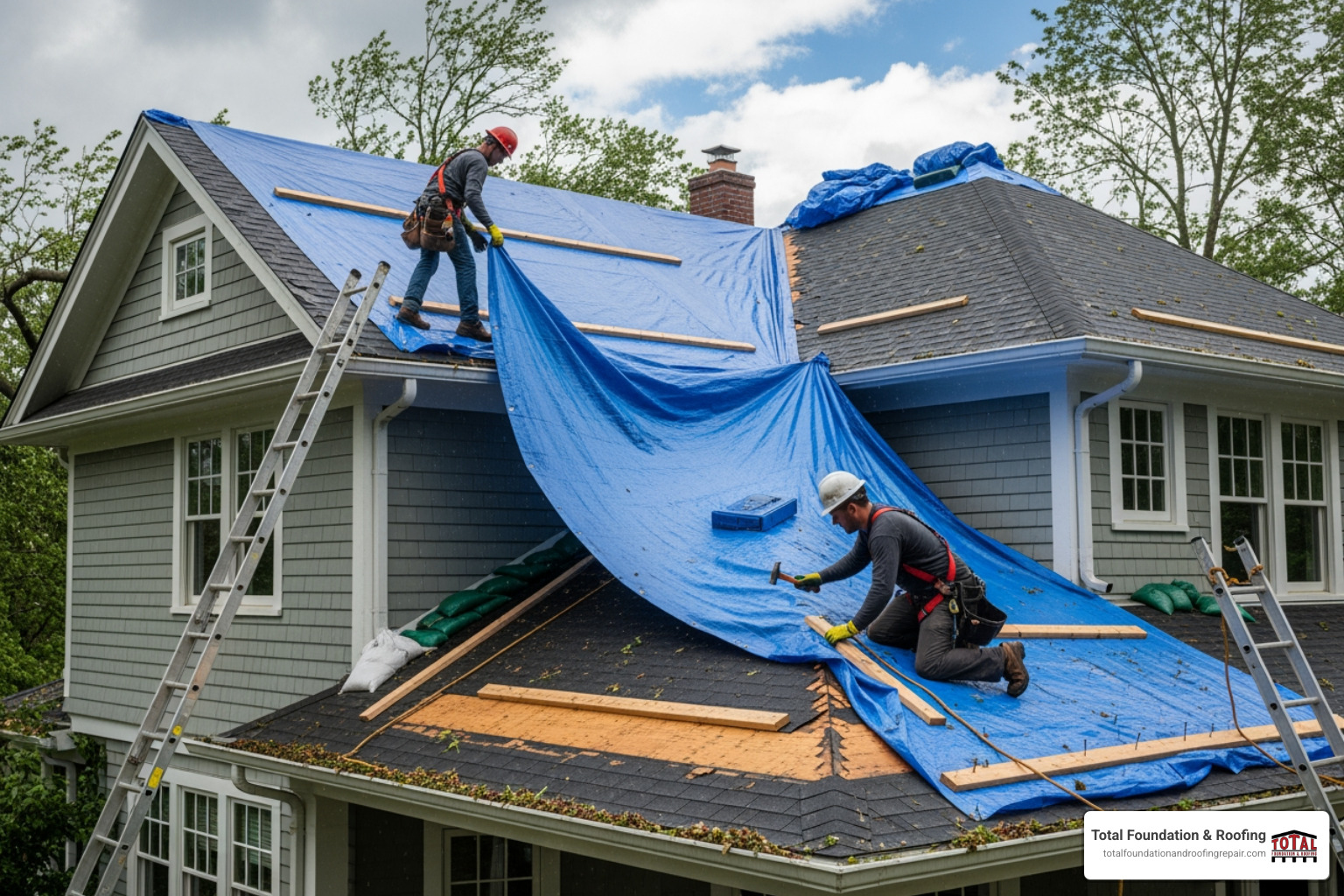a roof being safely tarped after a storm - roof insurance claim Fredericksburg