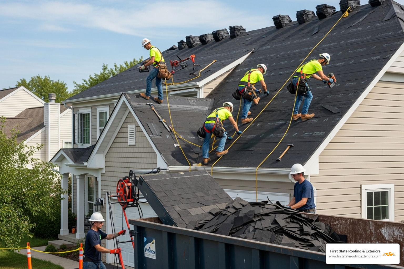 professional roofing crew performing a roof replacement with safety harness - roofing companies dover