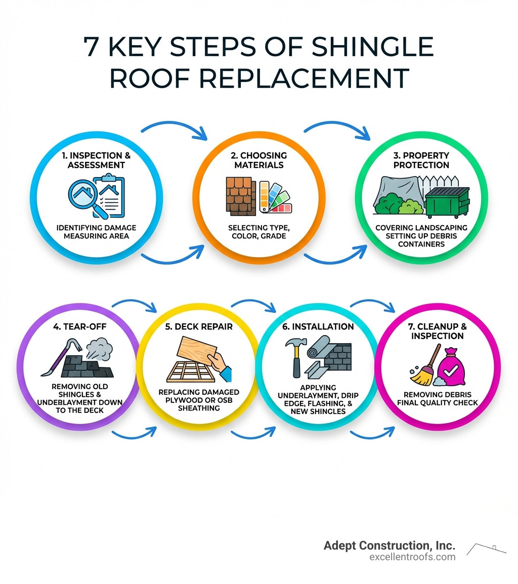 Infographic showing the 7 key steps of shingle roof replacement: 1. Inspection and Assessment - identifying damage and measuring roof area, 2. Choosing Materials - selecting shingle type, color, and grade, 3. Property Protection - covering landscaping and setting up debris containers, 4. Tear-Off - removing old shingles and underlayment down to the deck, 5. Deck Repair - replacing damaged plywood or OSB sheathing, 6. Installation - applying underlayment, drip edge, flashing, and new shingles, 7. Cleanup and Inspection - removing debris and final quality check - shingle roof replacement infographic Infographic showing the 7 key steps of shingle roof replacement: 1. Inspection and Assessment - identifying damage and measuring roof area, 2. Choosing Materials - selecting shingle type, color, and grade, 3. Property Protection - covering landscaping and setting up debris containers, 4. Tear-Off - removing old shingles and underlayment down to the deck, 5. Deck Repair - replacing damaged plywood or OSB sheathing, 6. Installation - applying underlayment, drip edge, flashing, and new shingles, 7. Cleanup and Inspection - removing debris and final quality check - shingle roof replacement infographic