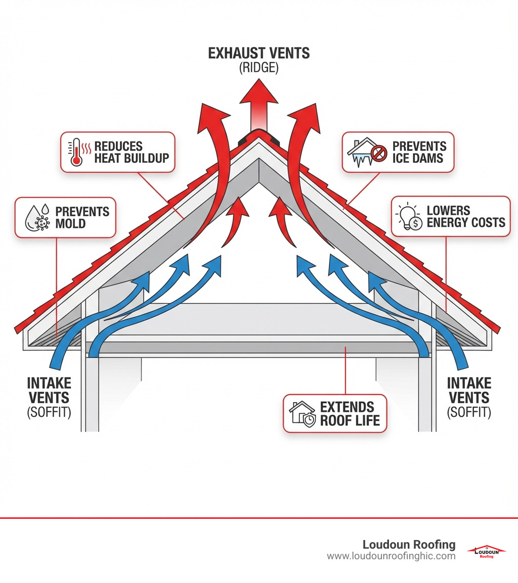 infographic showing balanced attic ventilation system with intake vents at soffit, exhaust vents at ridge, arrows indicating airflow from bottom to top, and callouts showing benefits: prevents mold, reduces heat buildup, extends roof life, lowers energy costs, prevents ice dams - roof vent installation infographic 