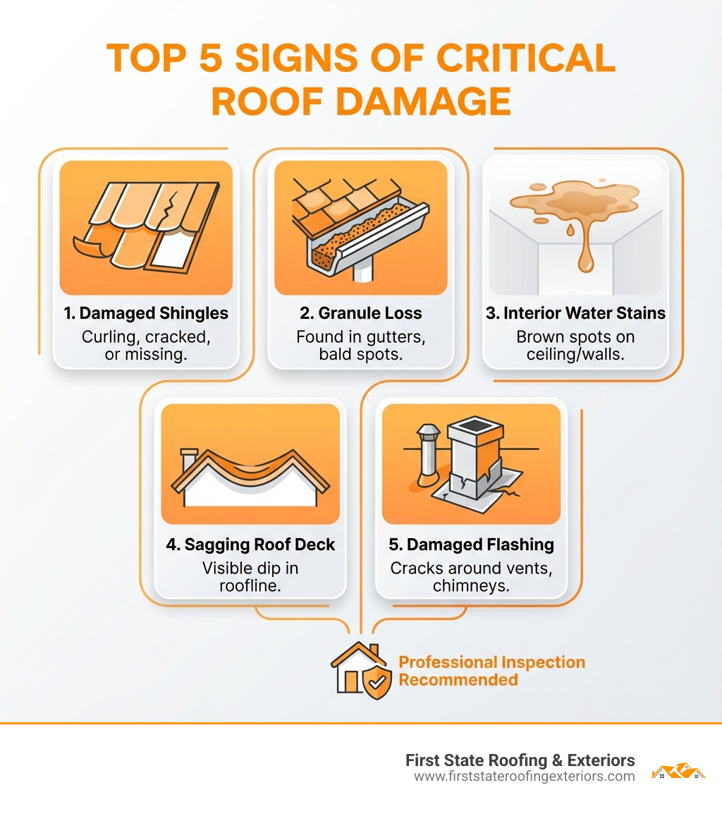 infographic explaining the top 5 signs of critical roof damage - roofing companies dover infographic 