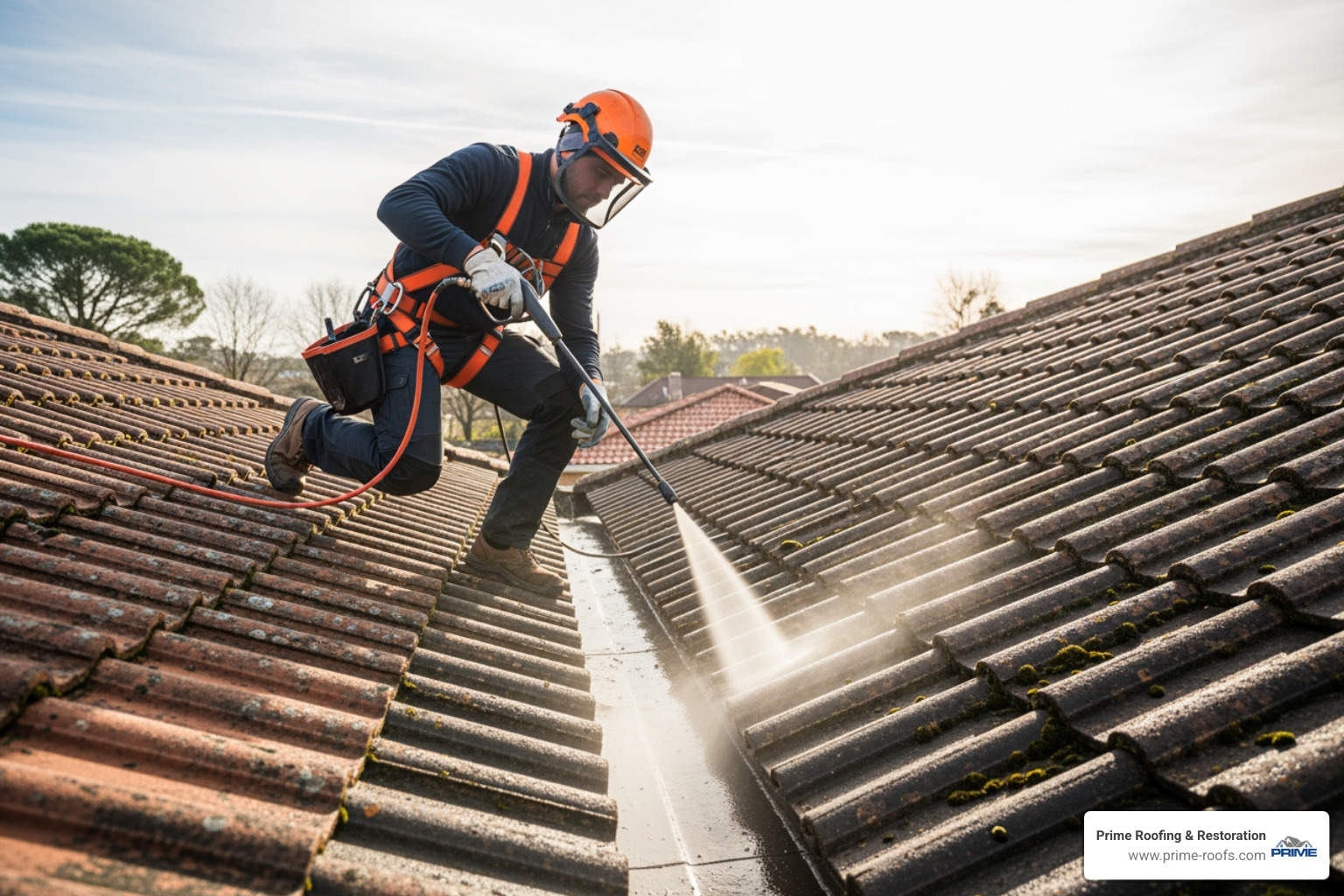 professional safely cleaning a tile roof - does cleaning your roof damage it