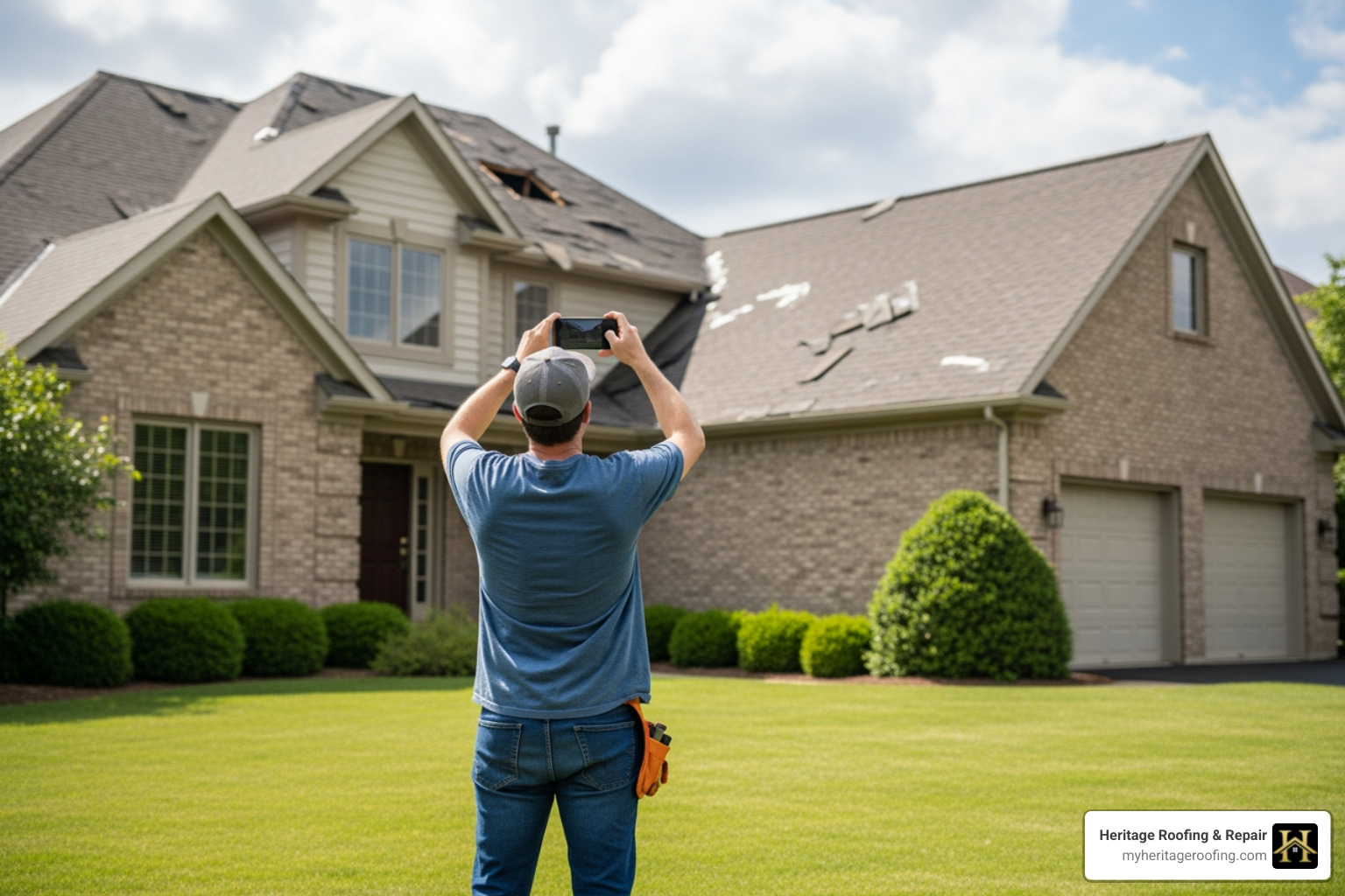 of a homeowner safely taking photos of a damaged roof from the ground using a smartphone. - how to repair storm damage to your home of a homeowner safely taking photos of a damaged roof from the ground using a smartphone. - how to repair storm damage to your home